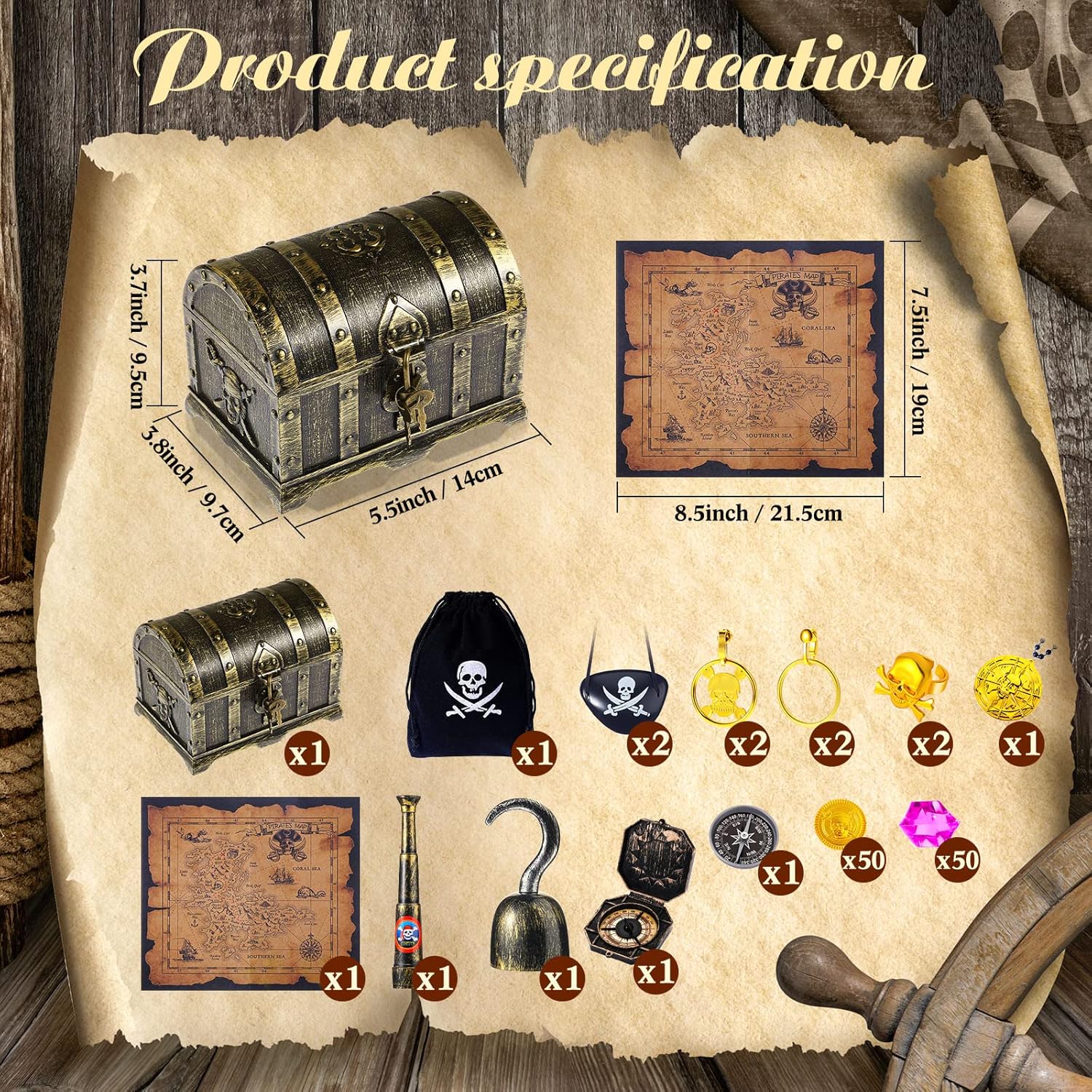 Sratte 116 Pcs Pirate Treasure Toys, Treasure Box with Coins Jewels Gems and Map Compass Telescope for Boy Girl Christmas Gifts Halloween Cosplay Props Pirate Theme Party Decoration Favors