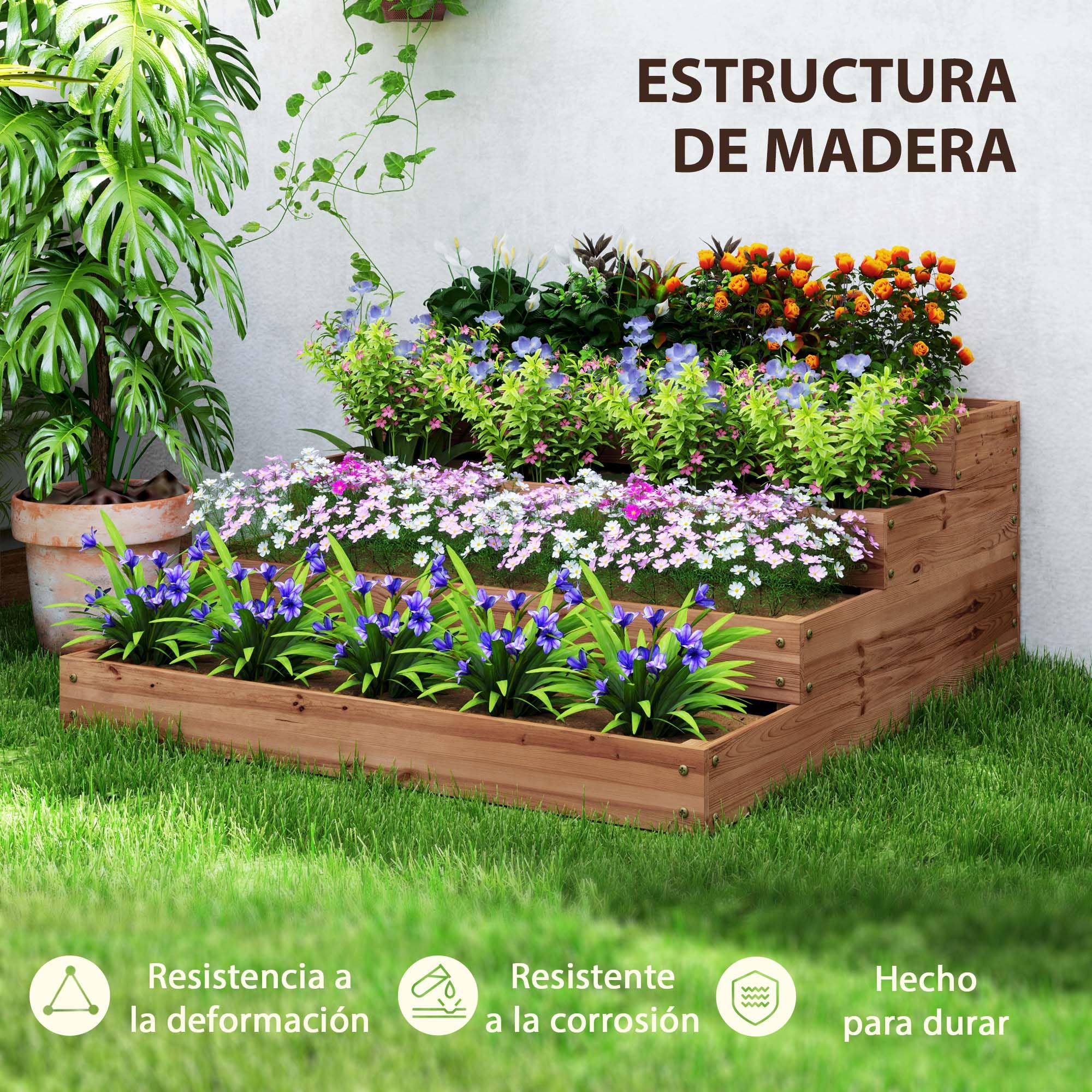 Outsunny Jardinera de Madera Elevada 4 Niveles 113x113x46 cm Café Oscuro | Jardinera Exterior Grande, Diseño de Escalera, Huerto Urbano, para Cultivos Plantas Flores, Patio Terraza Balcón