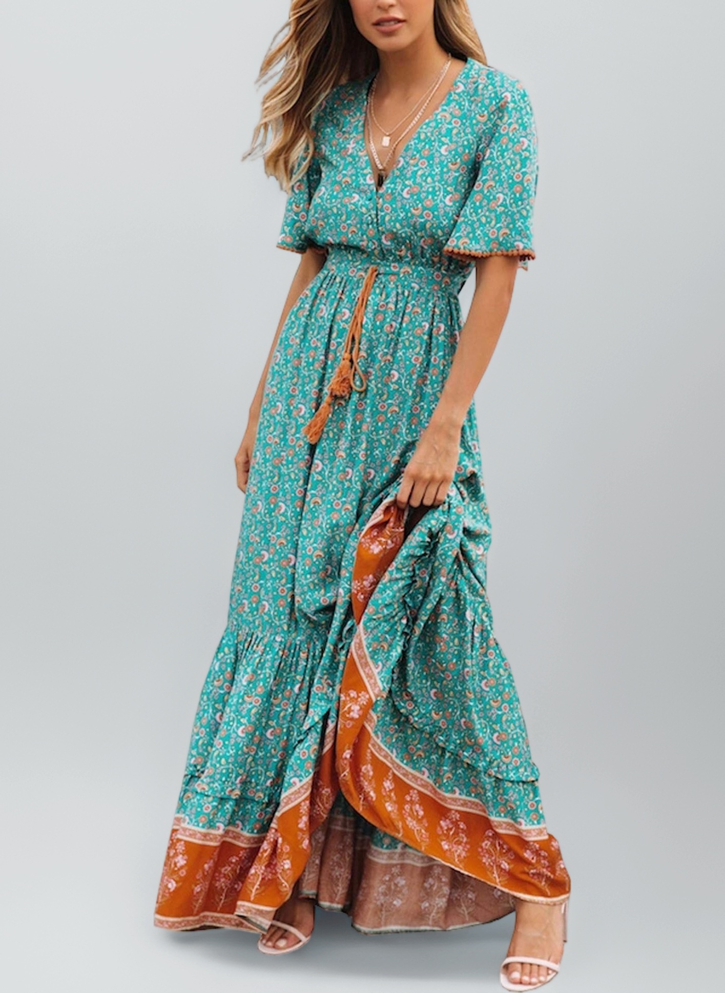 R.Vivimos Women's Summer Boho V Neck Button Up Short Sleeve Bohemian Print Ruffle Hem Beach Style Long Maxi Dress Vacation Dress