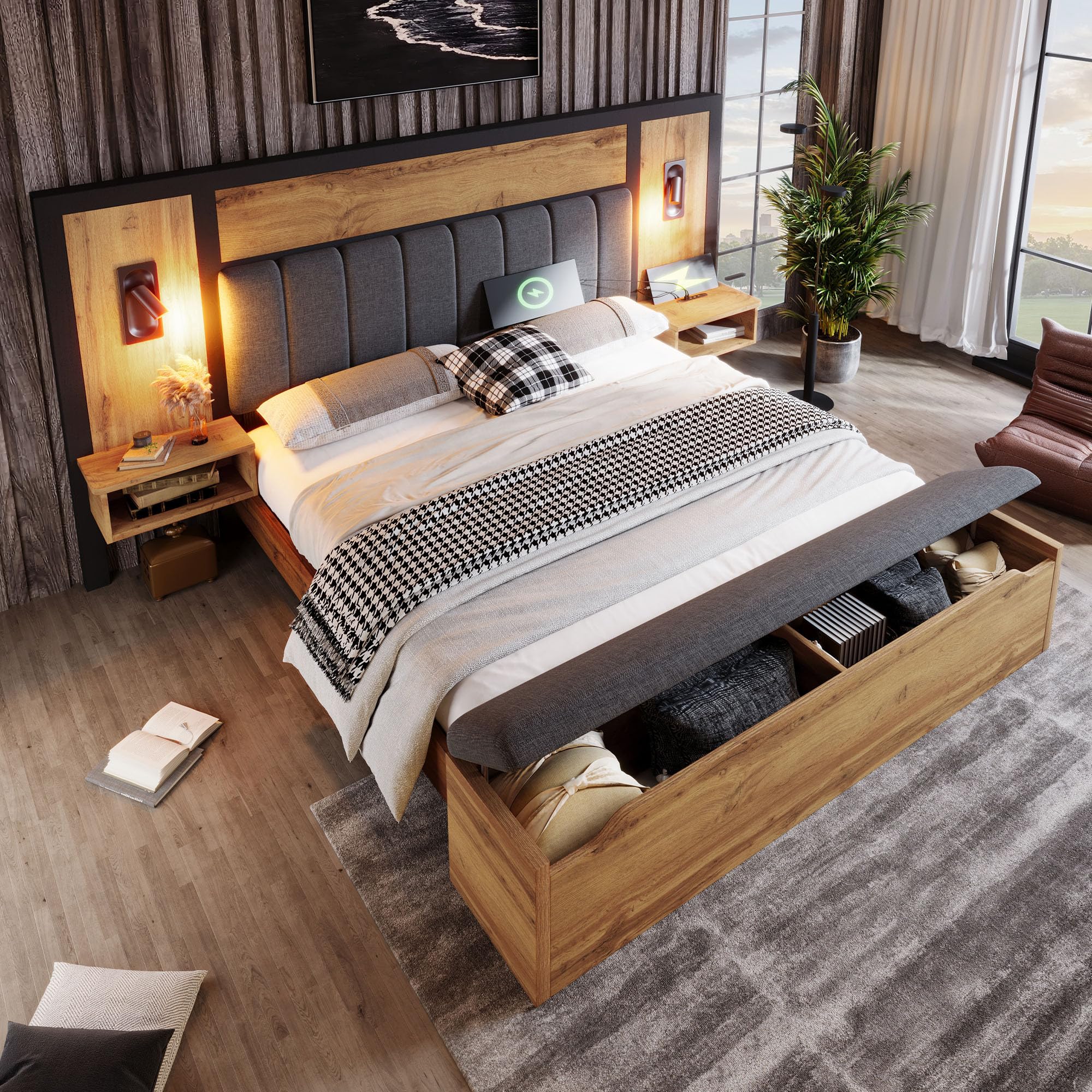LINKHOO lit Double rembourré, avec Lampe de Lecture et Table de Chevet USB C et Banc,avec Espace de Rangement, Cadre de lit avec sommier à Lattes en métal, Bois et Lin, sans Matelas 180×200 cm, chêne