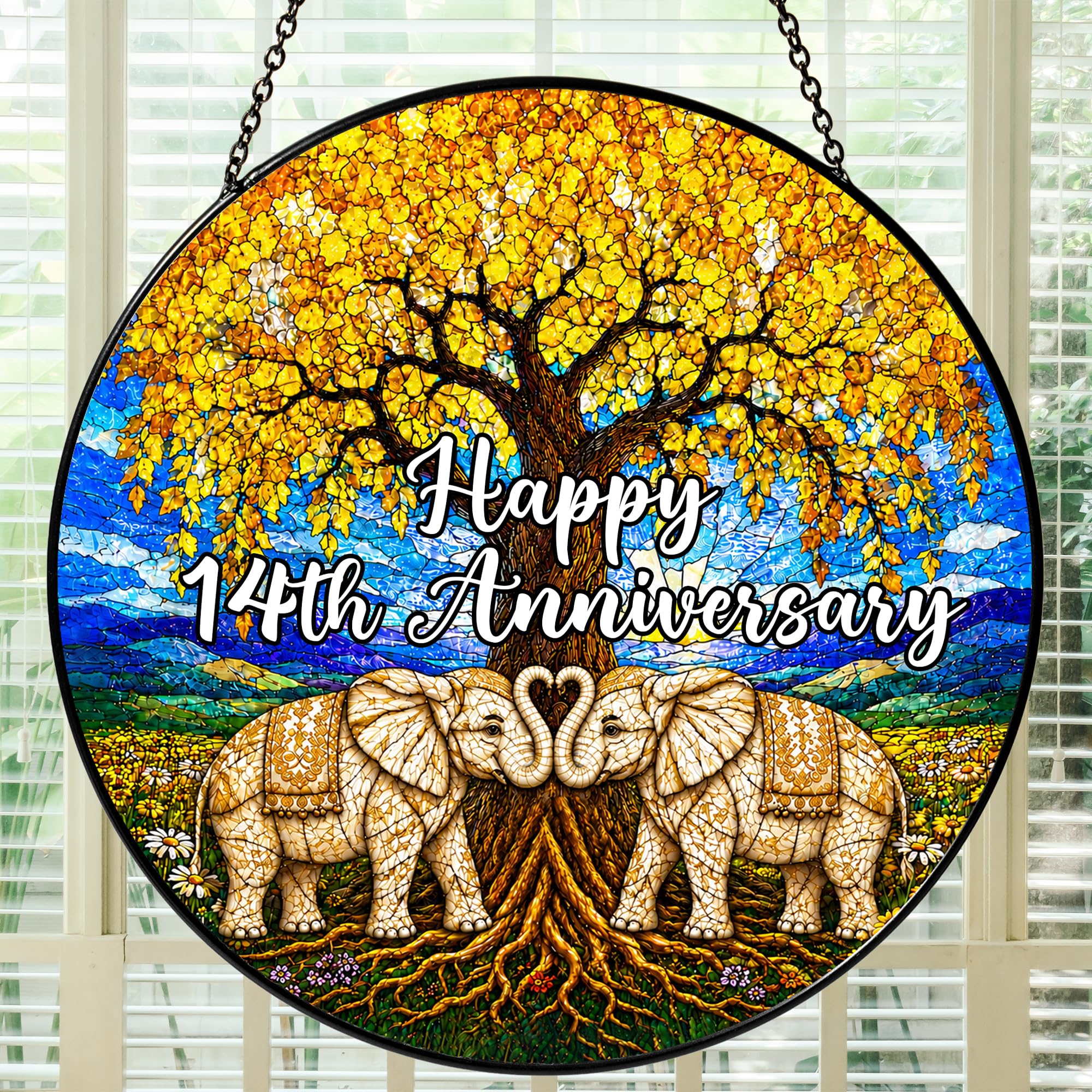 Bozspacer 14th Anniversary Stained Glass Suncatcher, Traditional Ivory Anniversary Theme Gift, 14 Year Wedding Anniversary Window Hanging Decor for Husband Wife Him Her Couples, 6 x 6 Inches