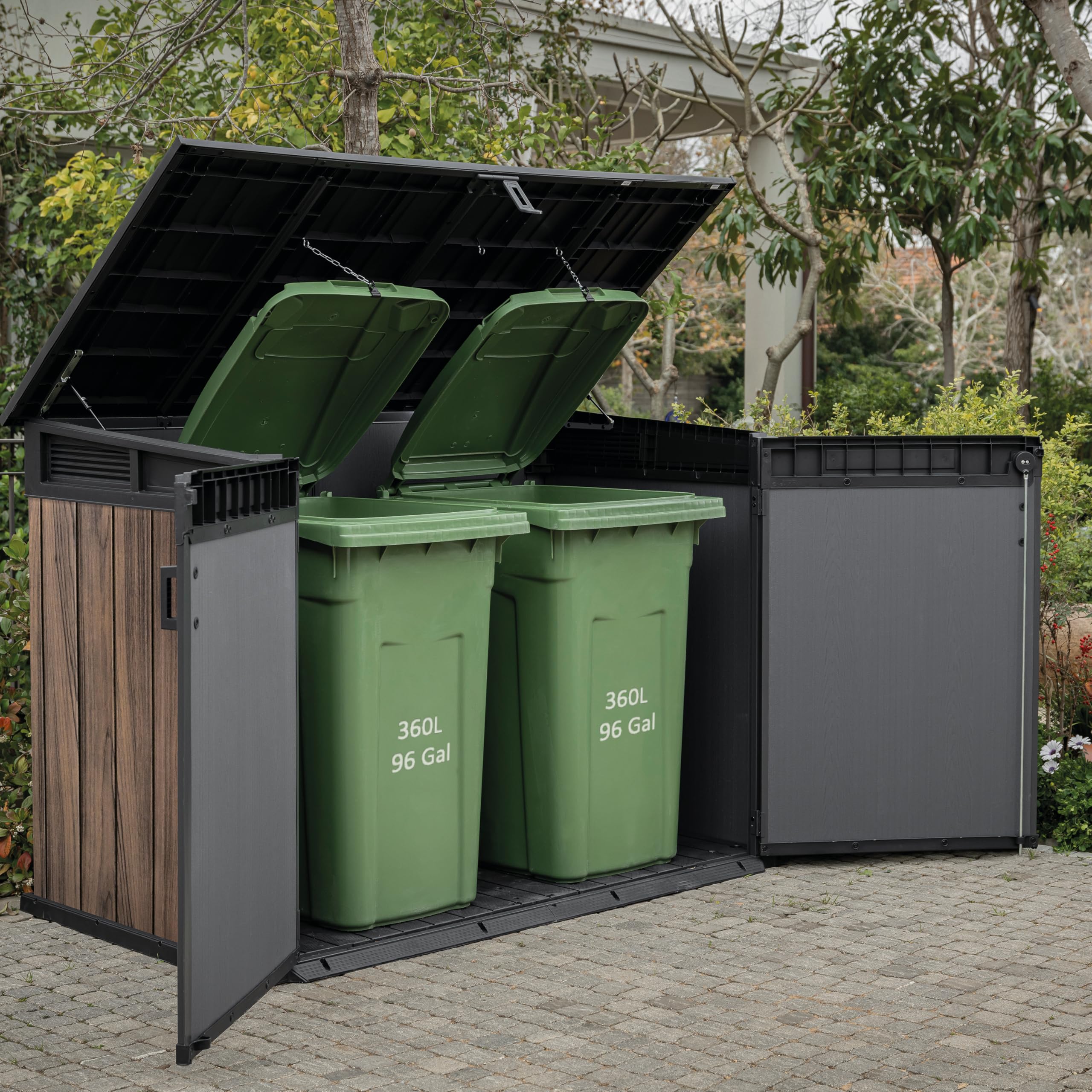 Keter Signature Gartenschrank, wetterfest, 2020 L Stauraum, abschließbar, mit Gasdruckfedern, Rosenholz-Optik, 190,5 x 109,3 x 132,5 cm, Mülltonnenbox für 2X 360l Tonnen