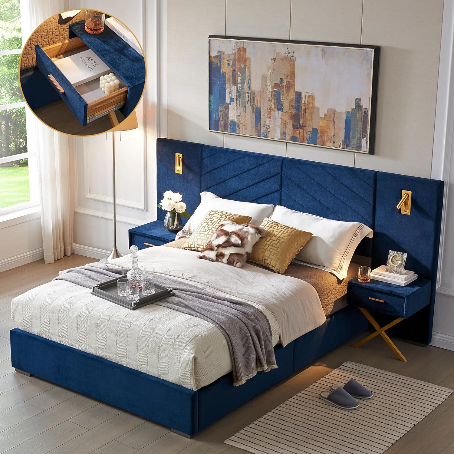 extrasleep Modern Luxury Queen Bed Frame, Velvet Bed Frame Queen Size with Vertical Channel Tufted Wingback Headboard, Upholstered Platform Bed with 2 Side Shelves & 2 Lights, Easy Assembly Royal Blue