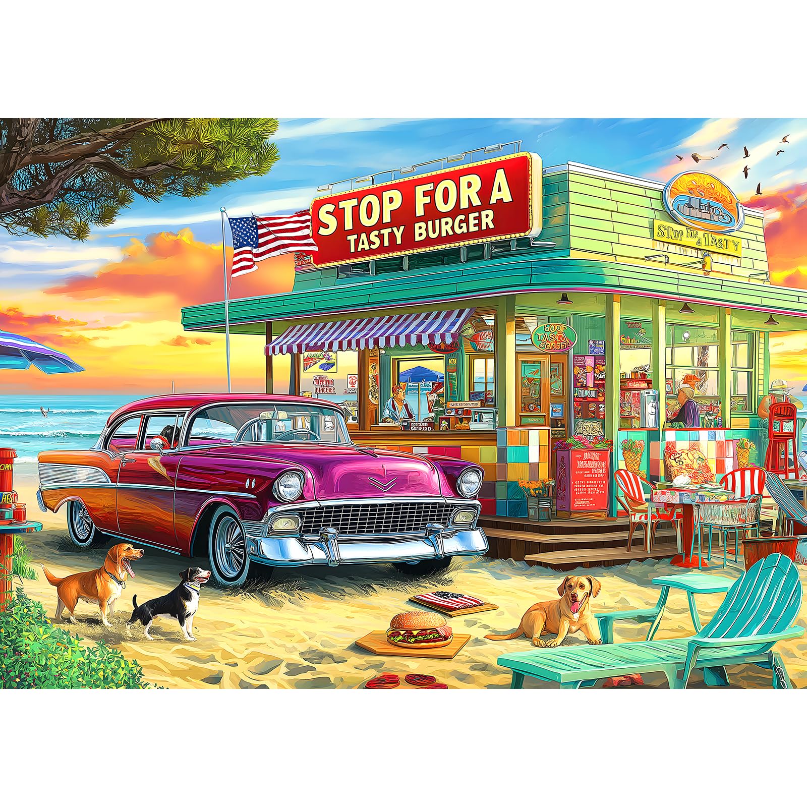 Blueforest Vintage Beach Hamburger Store 1000 Piece Puzzle for Adults & Teens - Challenging Retro Diner Jigsaw with Coastal Decor | Gift-Ready Wall Art for Game Nights