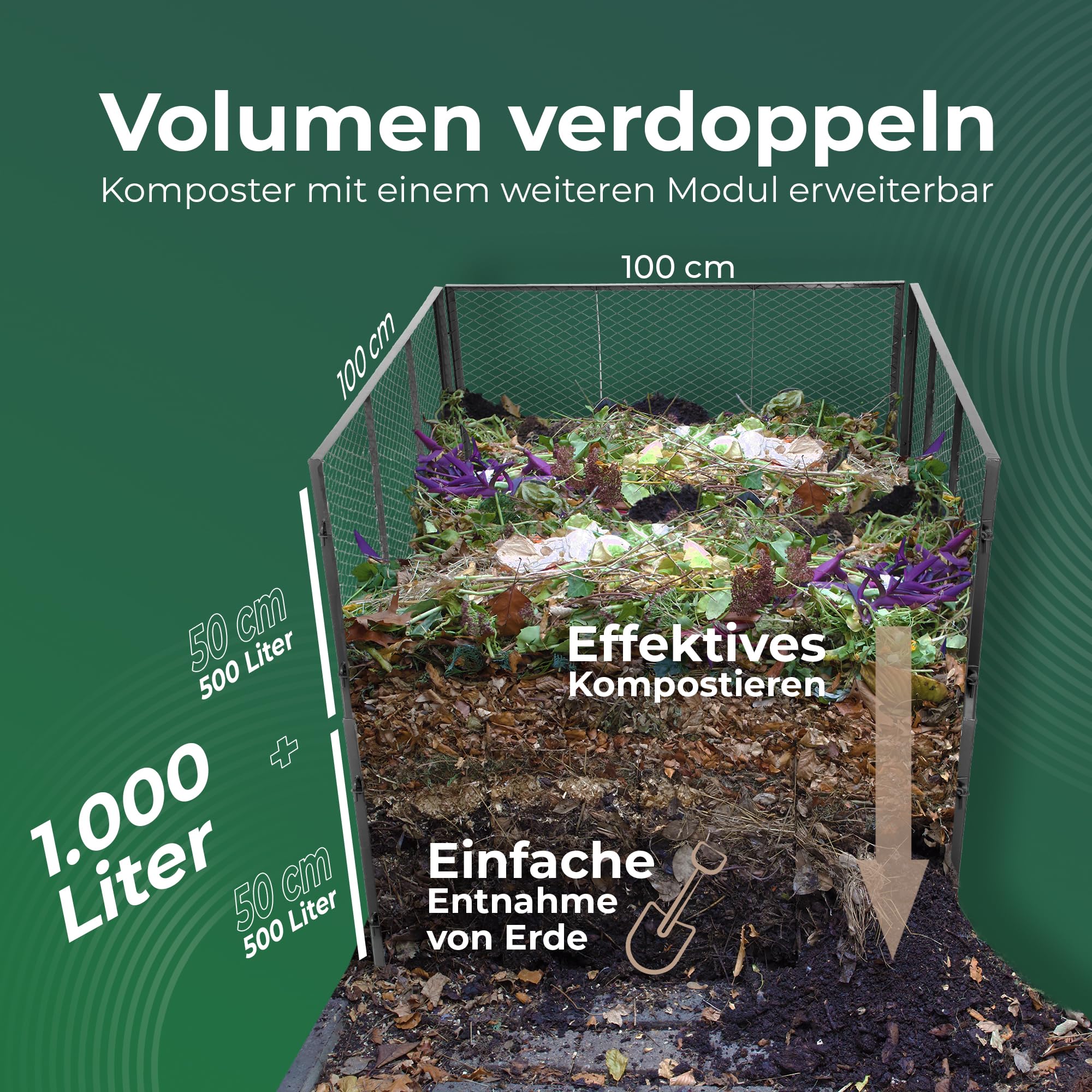 Novatool Compostador de jardín de metal, 100 x 100 x 100 cm, con sistema de ranuras ampliable, compostador de metal recubierto de polvo con 1000 litros de volumen, compostador de alambre para