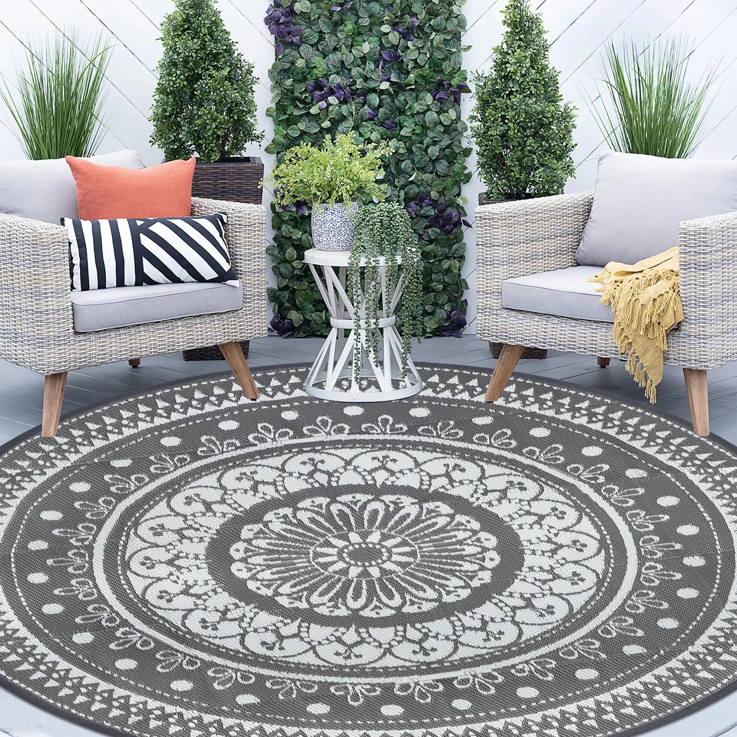 Cekene Large Outdoor Rug Round Waterproof 240cm Grey Reversible Garden Rug Plastic Easy Clean Area Floor Mat for Outdoors Patio Garden RV Trailer Backyard Deck Picnic