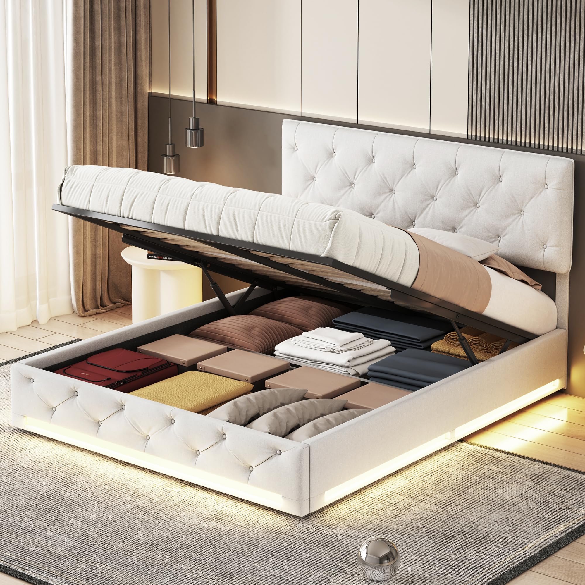 Lit Coffre 160x200 Cm Avec Rangement, LED Et Prises USB/Type-C - Tête De Lit Rembourrée En Cuir PU - Noir