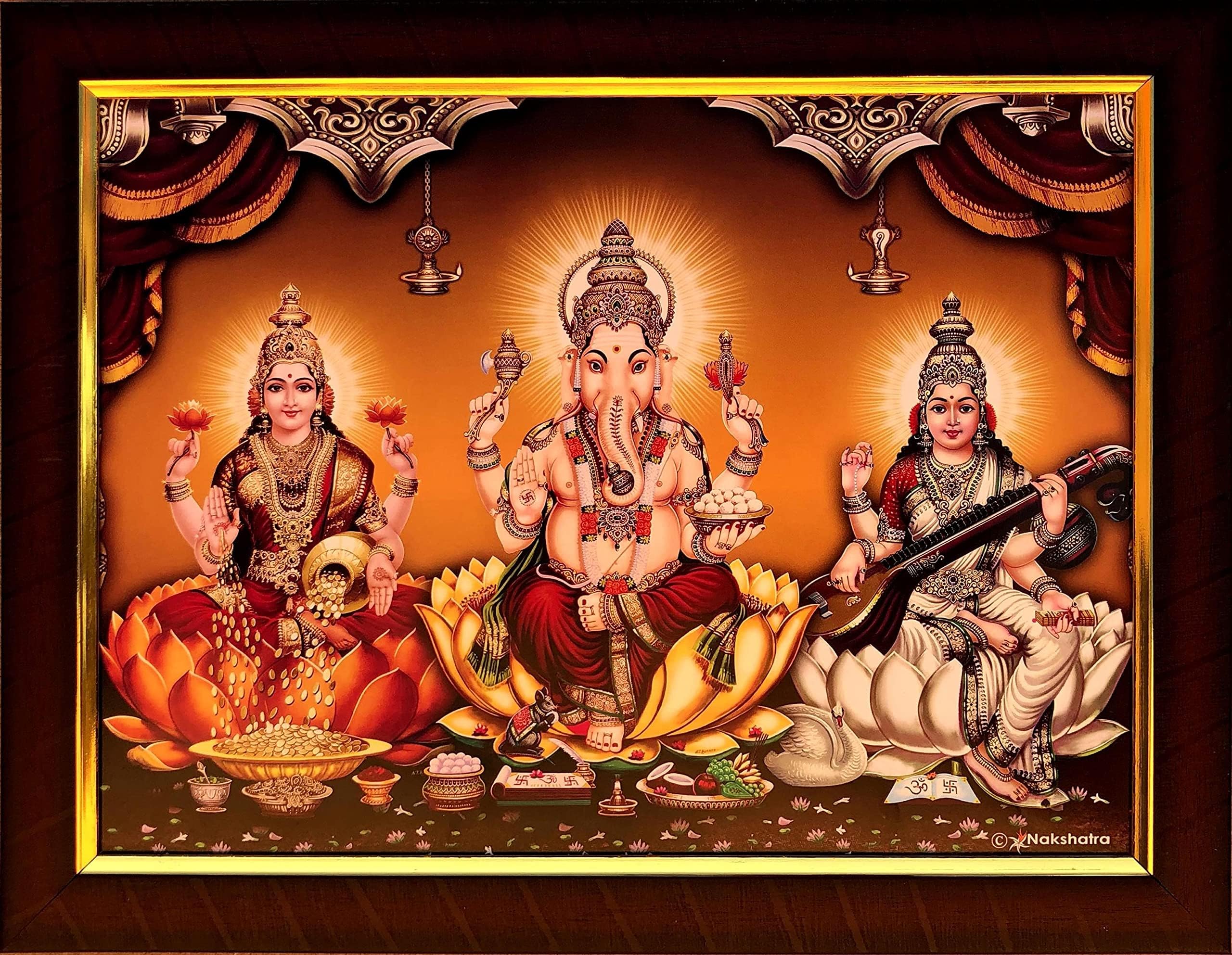 Garuda Photos - Lakshmi Ganesha Saraswati Photo Frame; God; Lord; Ganpati; Ganapathi; Vinayagar; Vinayaka; Ganapathy; Ganesh; Lakshmi; Laxmi; devi; Saraswathi; Saraswathy; sarasvati; Sarswati; Sarswati; Maa; Mata; Ma; Goddess; Pooja; Puja; Diwali (Regular 10 X 13 Inch)
