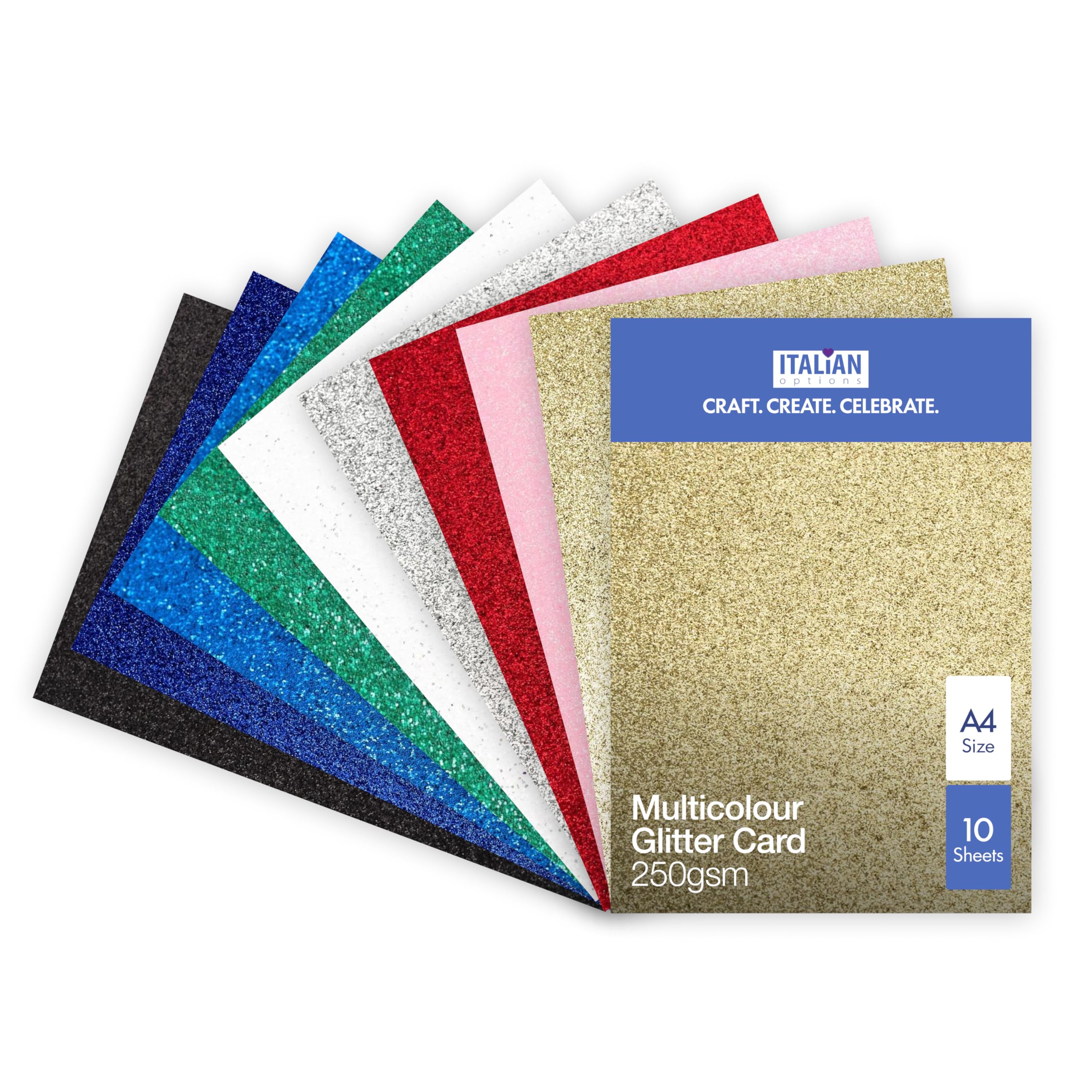 Italian Options Non-Shed Glitter Cardstock Paper 10 Colours, 10-Pack, Strong Glitter Card for Electronic Die-Cutter Machines, Card Making Craft Supplies, 10 Coloured Sheets, A4 Craft Paper, 250gsm