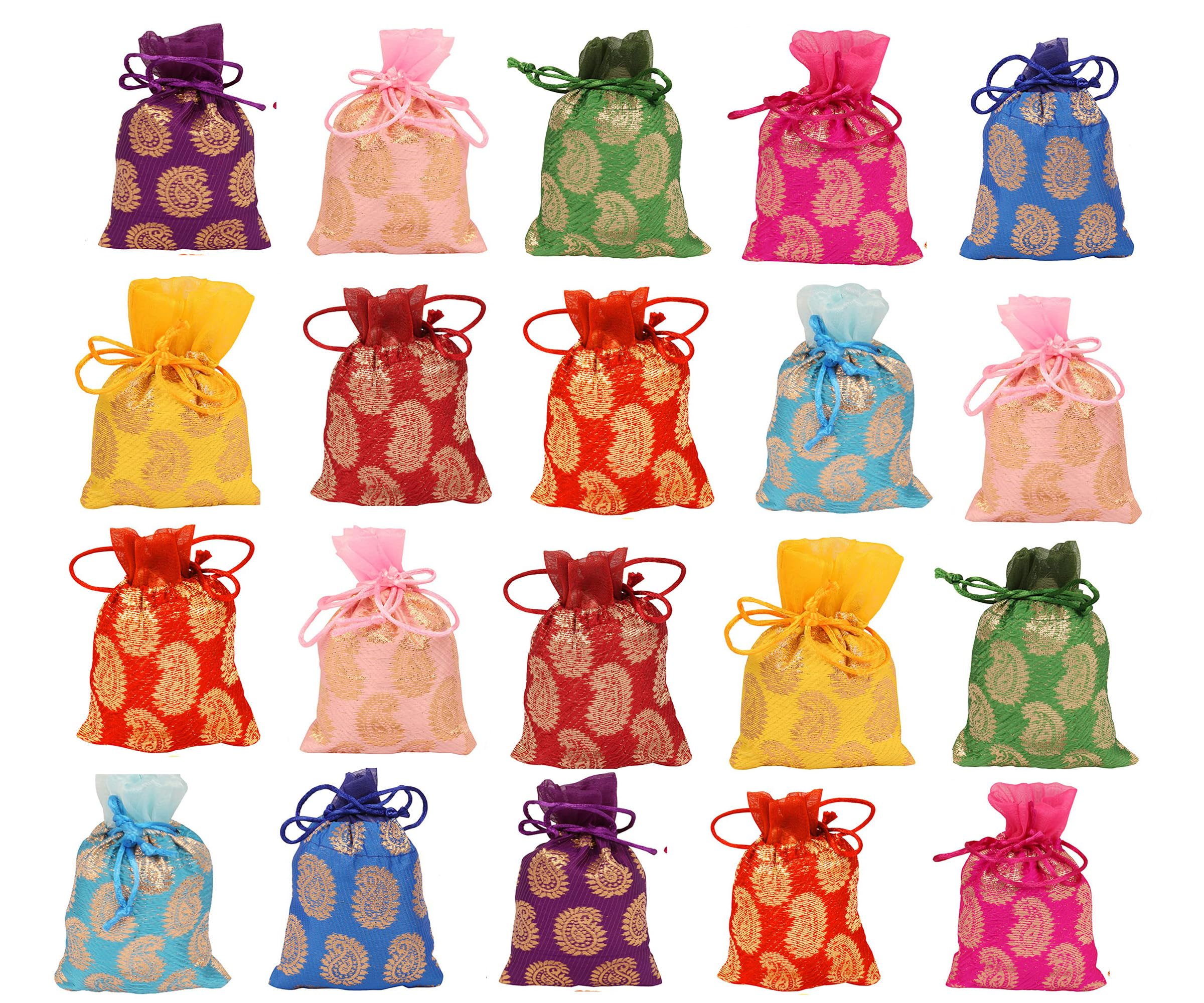 Touchstone Drawstring Bags Traditional Indian Handcrafted in Paisley Pattern Brocade fabric. Perfect for Gifts Jewelry Weddings Sweet Distribution Set of 20 Vibrant Multicolor Pouches Purses Potli.