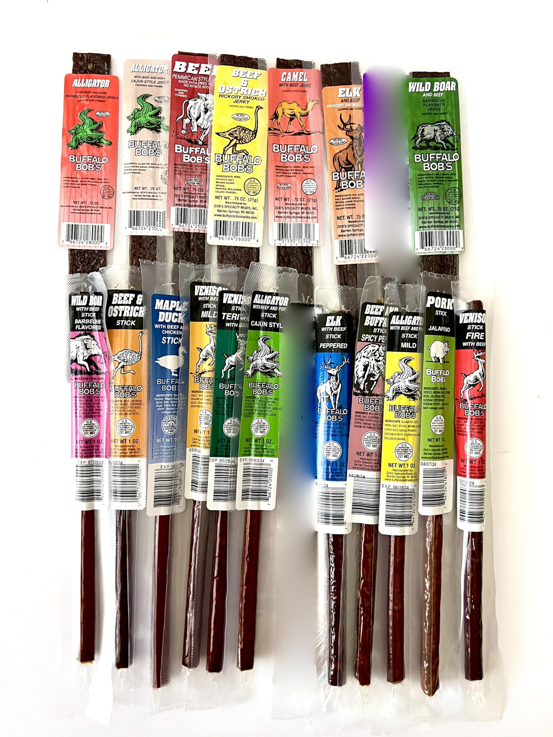 Jerky DynastyBuffalo Bob's Exotic Set- Staff Favorite 20 Piece Assortment: Alligator, Buffalo, Venison, Wild Boar, Duck, Elk - BBQ, Cajun, Peppered, Teriyaki