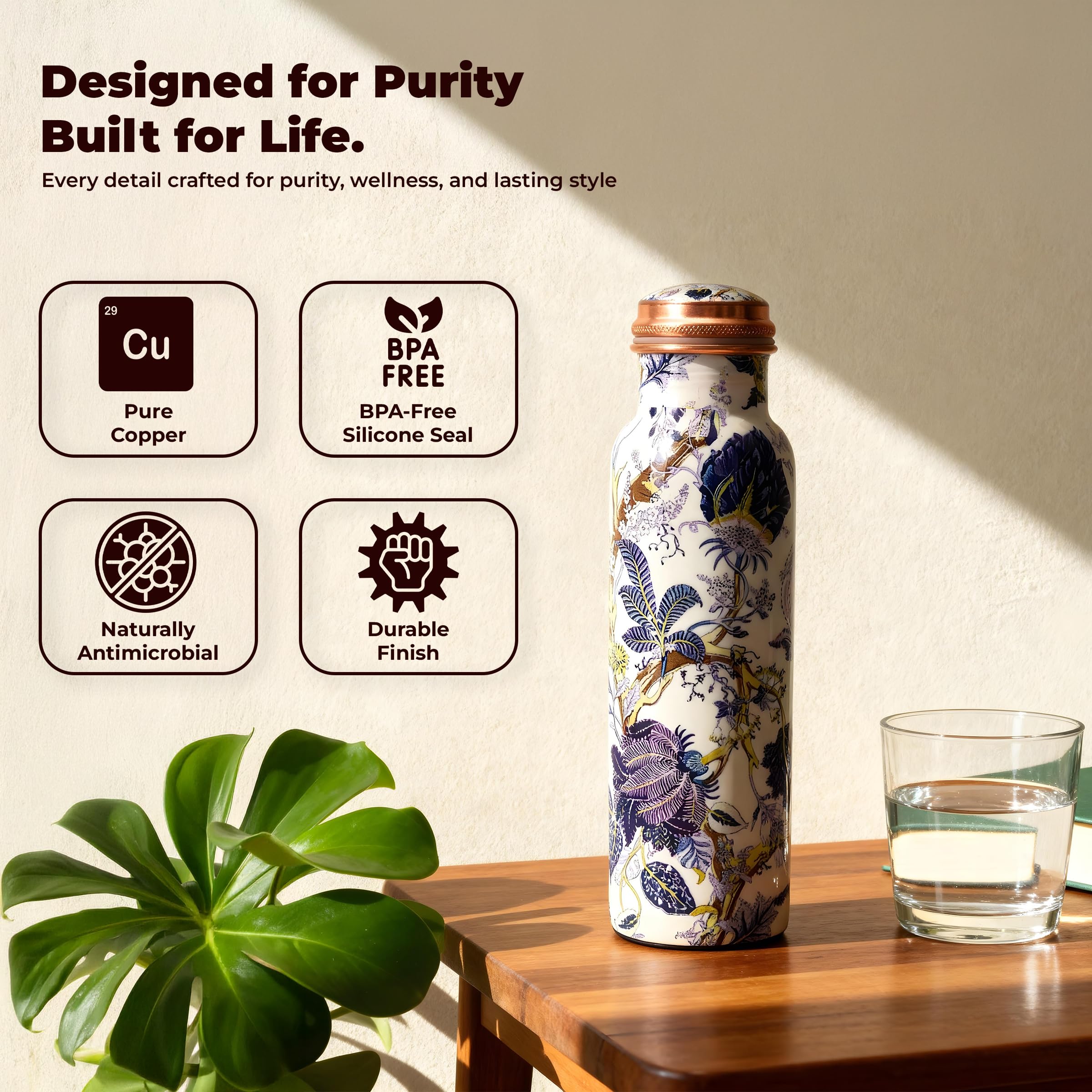 Wasserflasche aus reinem Kupfer (groß), handgefertigt, auslaufsicherer Deckel; ideal für Reisen, Fitnessstudio, Büro, Wandern, Outdoor-Aktivitäten und Yoga – 2 Stück