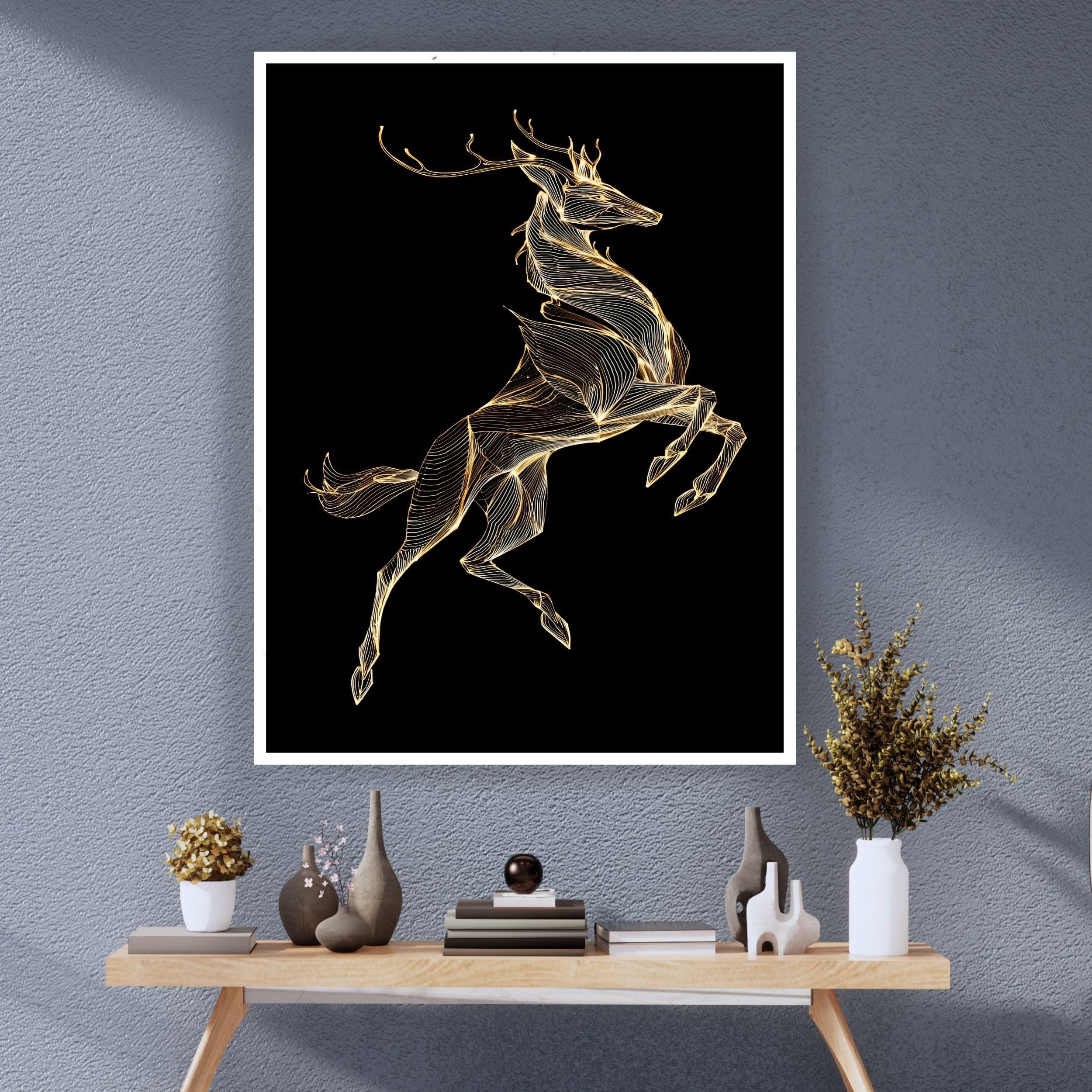 “Golden Stag” PREMIUM BIG HD Wall Frame | A3 Size (13x18 Inch) Luxury Golden Deer Abstract Wall Art | Modern 3D Metallic Line Design | Waterproof & Ready to Hang | HD 3D Digital Print | Perfect for Home, Office, Hotel, Cafe, Restaurant & Gifting (WHITE-443)