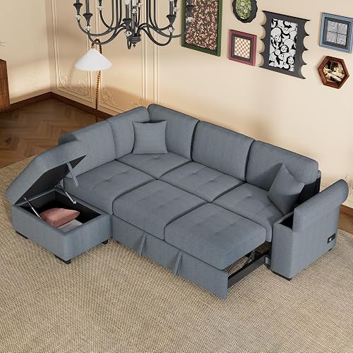 VilroCaz Modern Velvet Reversible Sleeper Sectional Sofa, L-Shape Corner Couch