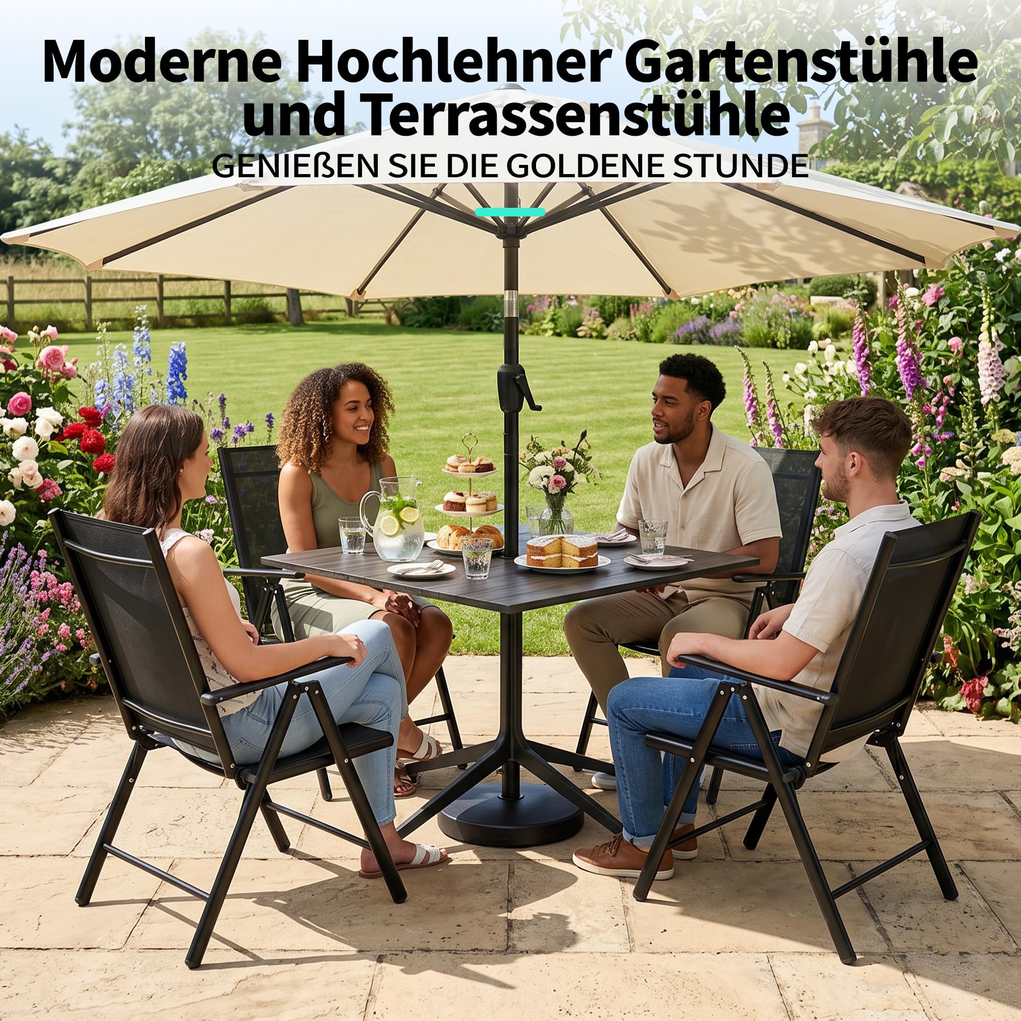 2026 Aufwertung 4er Set Klappbare Hochlehner Gartenstühle, Regulierbarer 7 Winkel Wetterfeste Terrassenstühle mit Atmungsaktives Textilene & Stahlgestell für Garten, Balkon, Terrasse, Poolbereich