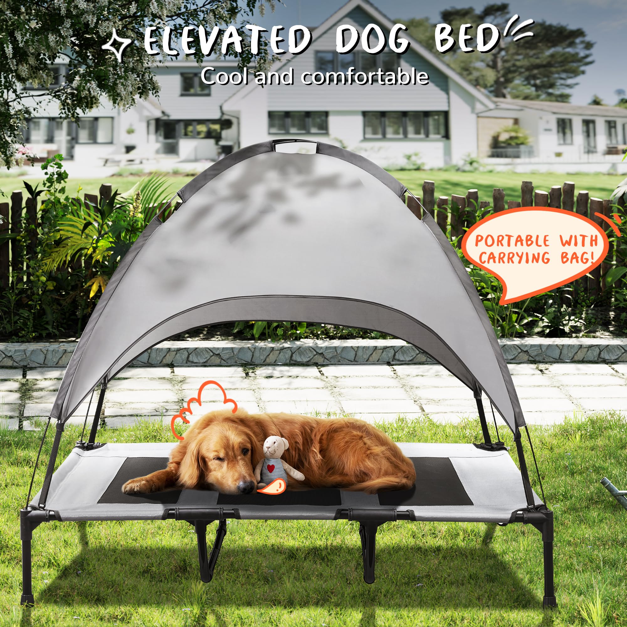 PRAISUN Outdoor Dog Bed with Canopy, XL Elevated Dog Bed, Dog Cot, Pet Bed with Oxford Fabric