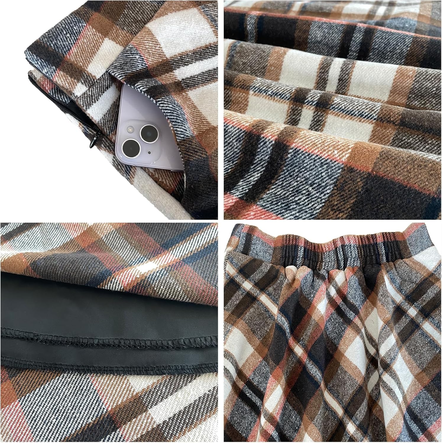Women’s Midi Plaid Skirt High Elastic Waist A-line Vintage Flowy Winter Warm Long Skirts for Women with Pocket - Image 5
