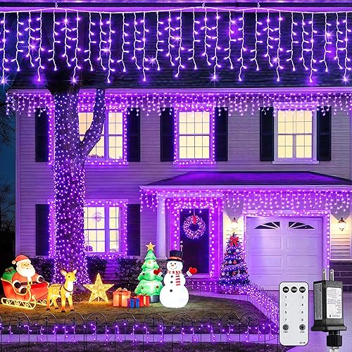 Miniatura 26 de JMEXSUSS 400 luces LED de Navidad de carámbano de 38.8 pies con control remoto, tira de luces multicolor para exteriores enchufables, 8 modos para