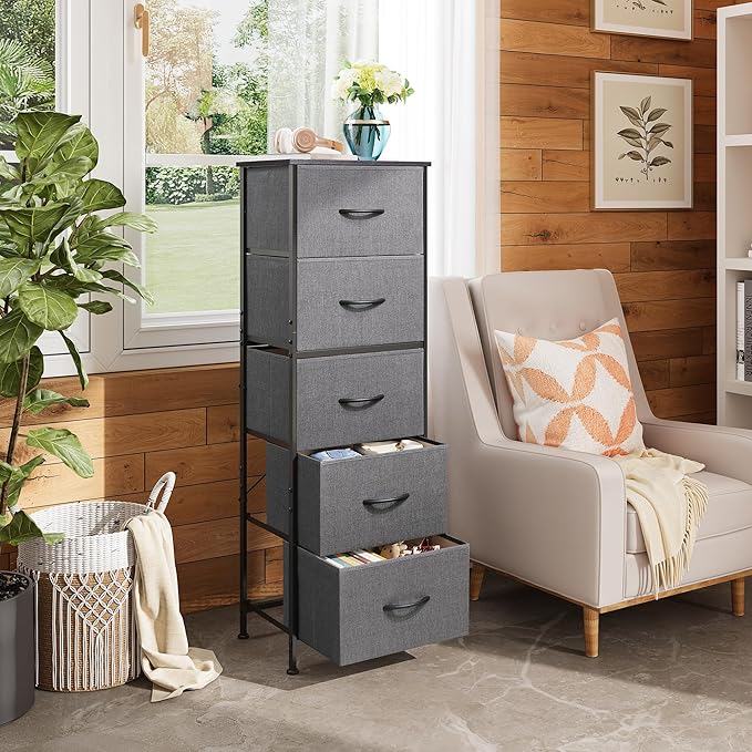 WLIVE Dresser for Bedroom with 10 Drawers, Fabric Dresser Chest of Drawers with Side Pockets and Hooks, Sturdy Metal Frame, Drawers Organizer Unit for Room, Hallway, Charcoal Black Wood Grain Print