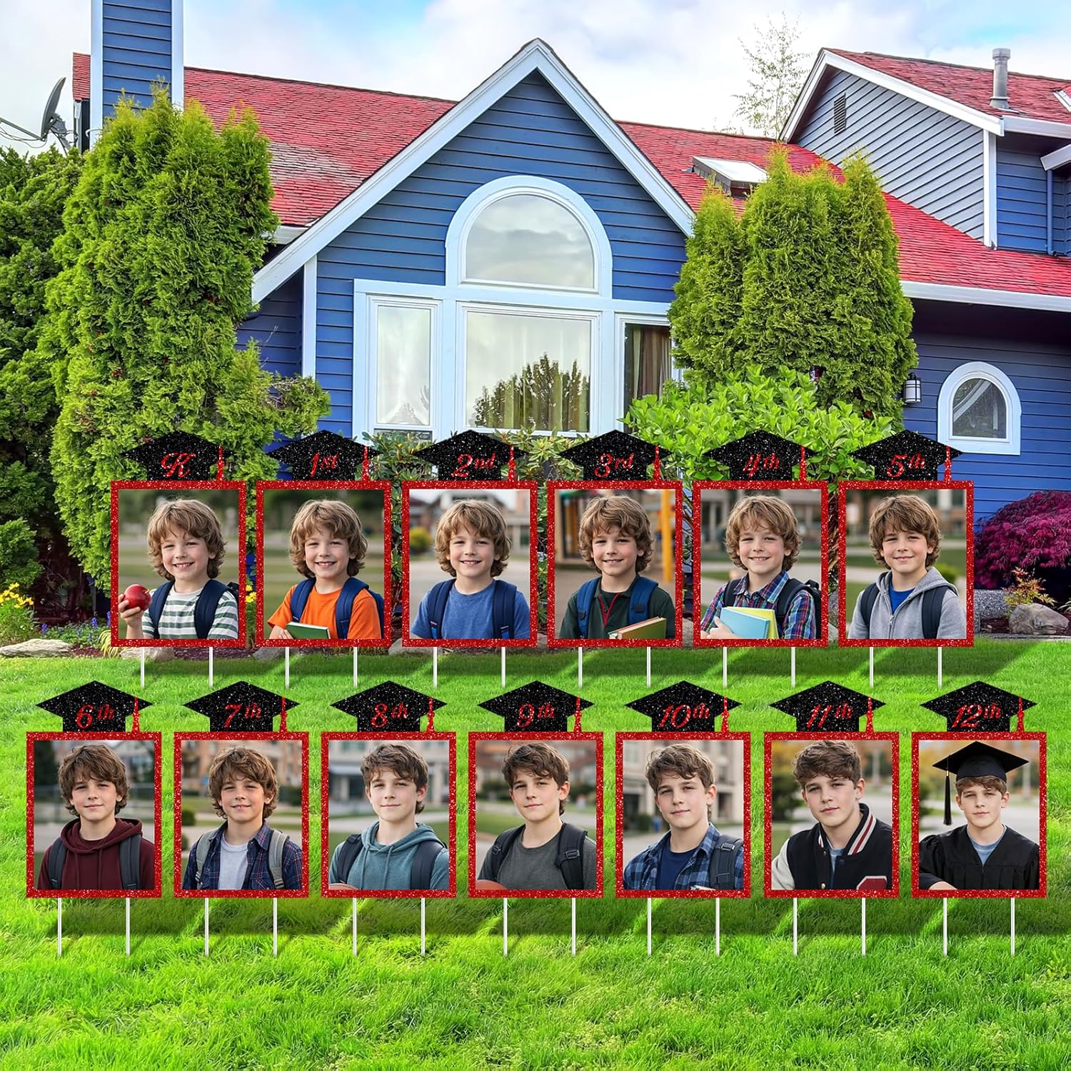 13 Pcs K-12 Graduation Yard Sign Decorations, 2026 Black&Gold Grade Photo Display Kindergarten to 12th Picture Board for Outdoor Lawn Yard Graduation Party Decorations Supplies