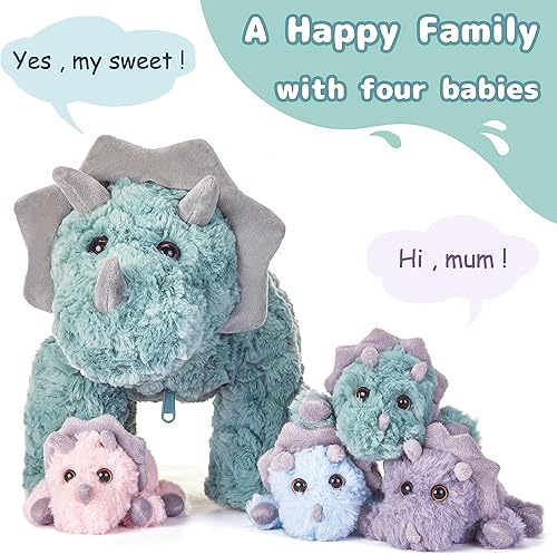 Miniatura 2 de EARTHSOUND Triceratops - Peluche de dinosaurio para mamá y bebé, 18 pulgadas, lindo juguete suave para mamá pequeña con bebés pequeños, regalo