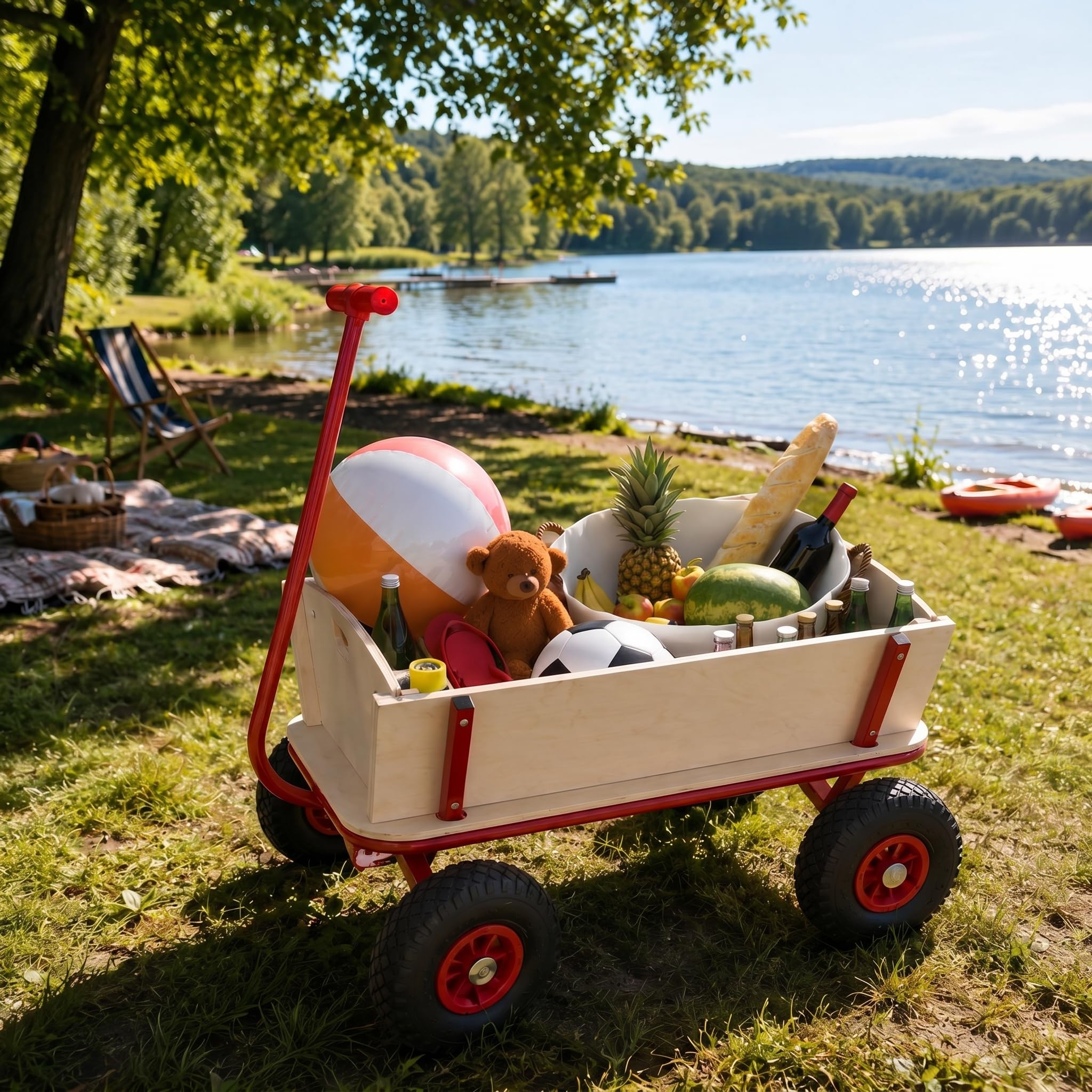 MONZANA® Bollerwagen Holz bis 180 kg mit Dach Luftreifen Stabil Robust Stahl Allround Handwagen Gartenwagen Strandwagen Leiterwagen Transportwagen Rot