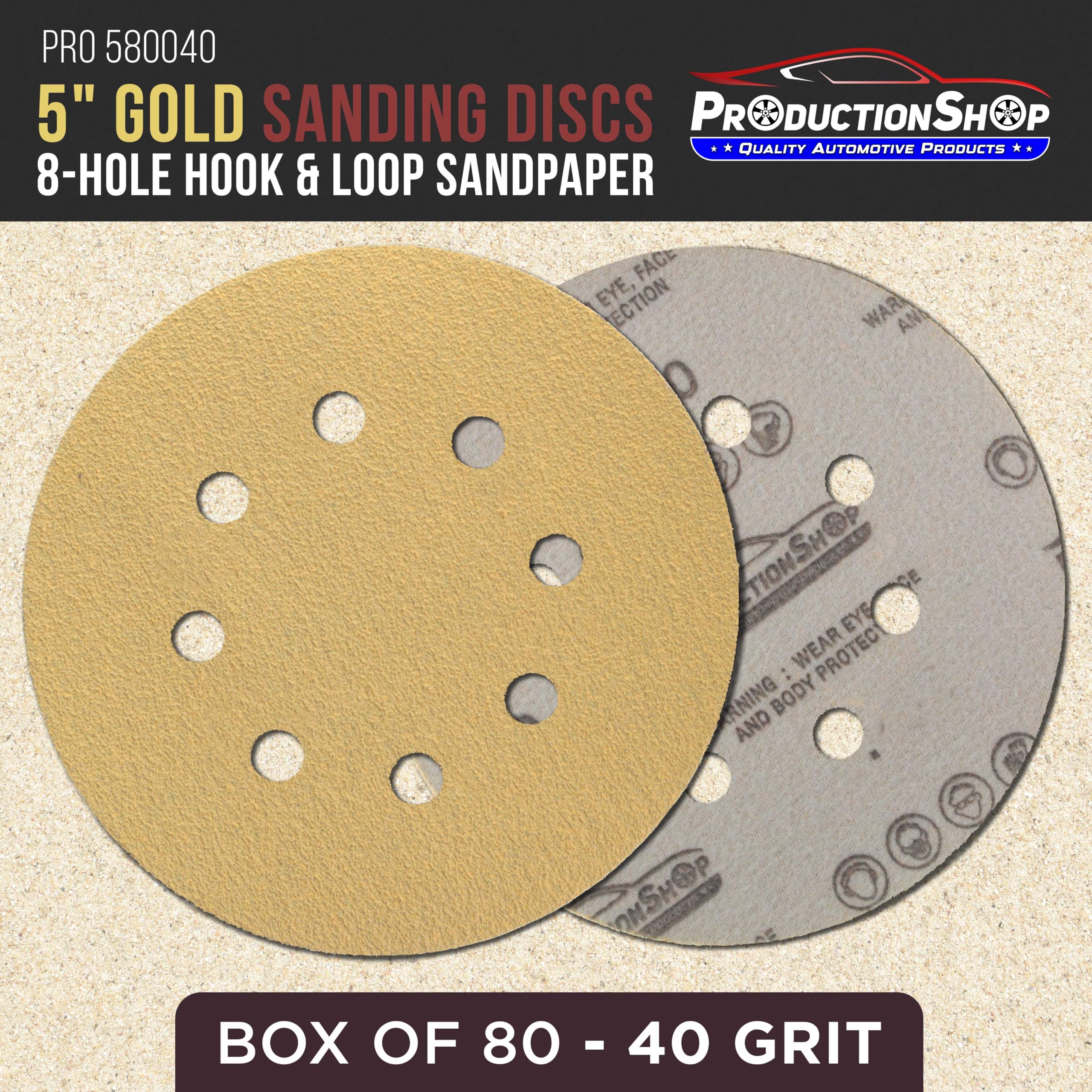 ProductionShop Discos de lijado dorados de grano 40 de 5 pulgadas, patrón de 8 agujeros, caja de 80 – Papel de lija de respaldo de velcro sin polvo para lijadoras orbitales DA y aleatorias, pintura de