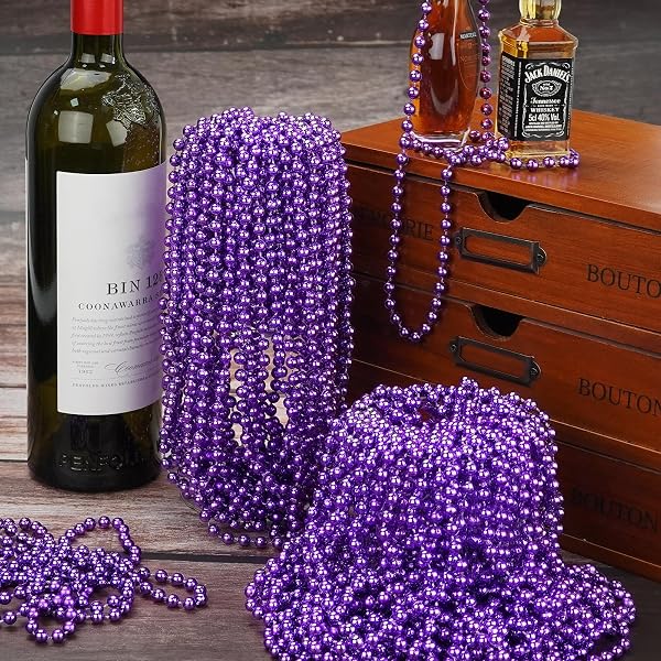 YAXINRUI YAXINRUI 72 PCS Purple Bead Necklace, Purple Mardi Gras Beads, Halloween Necklaces, 33 Inch Round Party Beads for Mardi Gras Christmas Halloween Party Favors Mother's Day Decor in use