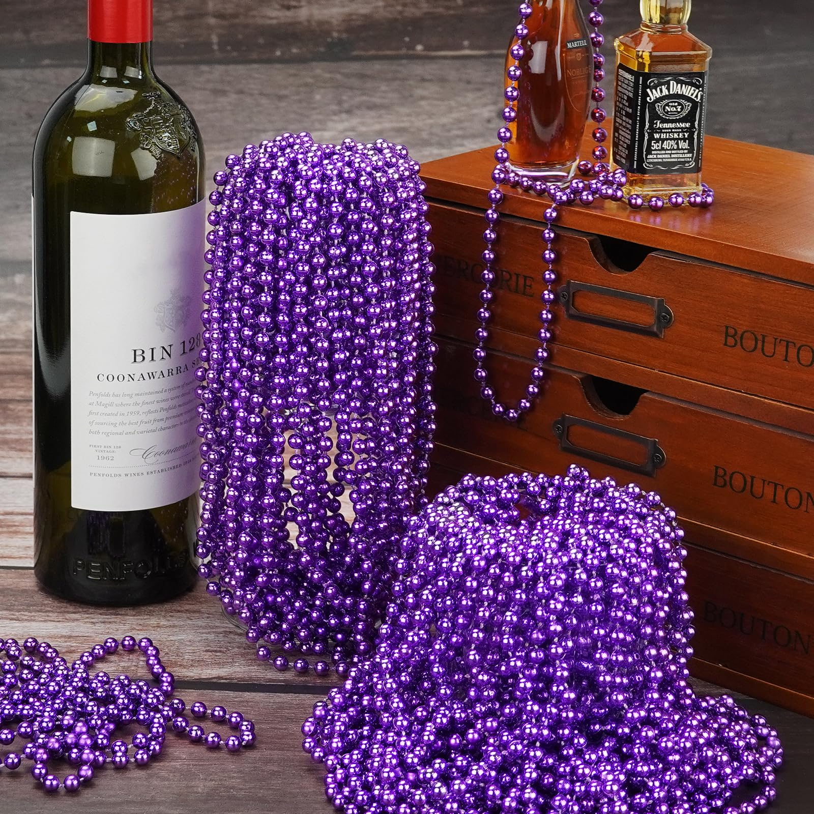 YAXINRUI YAXINRUI 72 PCS Purple Bead Necklace, Purple Mardi Gras Beads, Halloween Necklaces, 33 Inch Round Party Beads for Mardi Gras Christmas Halloween Party Favors Mother's Day Decor in use