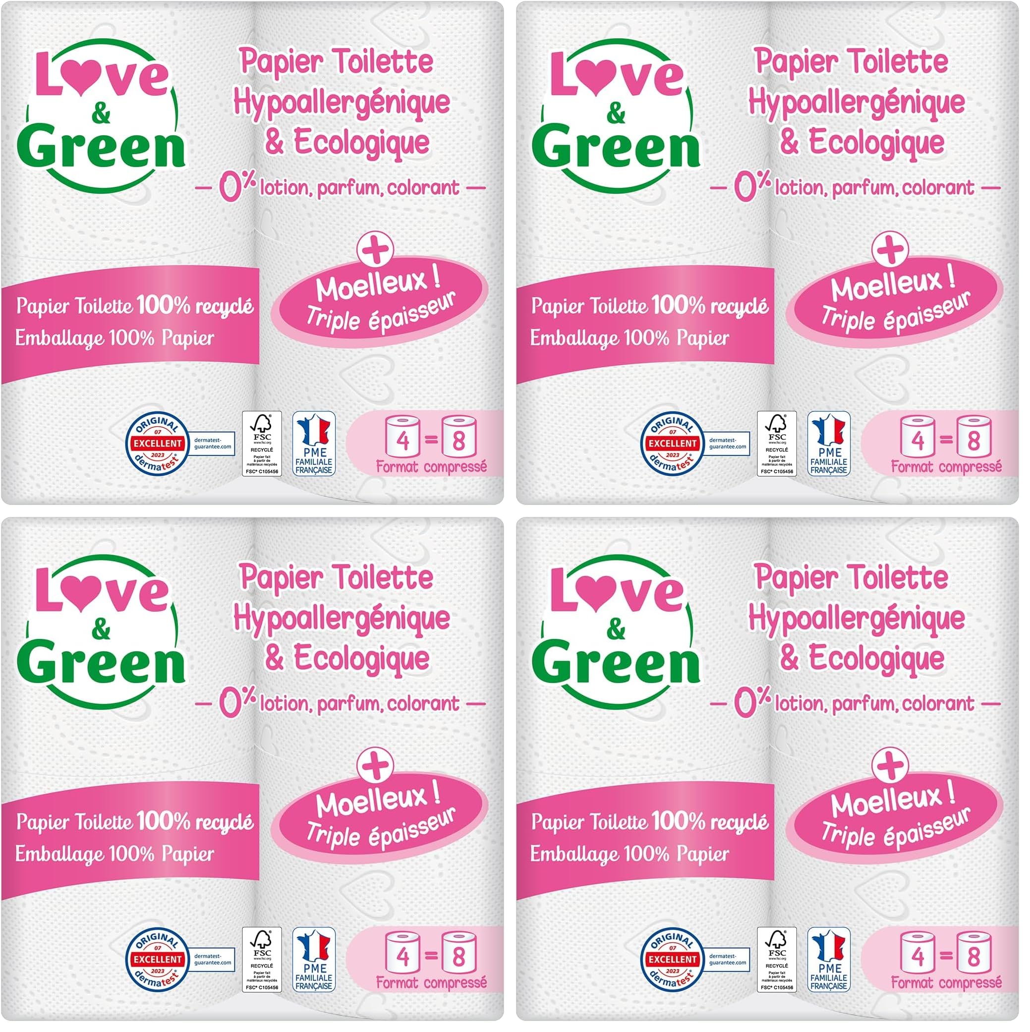 Love & Green - 3-lagiges Toilettenpapier – 3-lagig – hypoallergen (Dermatest zertifiziert) und umweltfreundlich (FSC-zertifiziert) – 4 komprimierte Rollen : 8 (Packung mit 4)