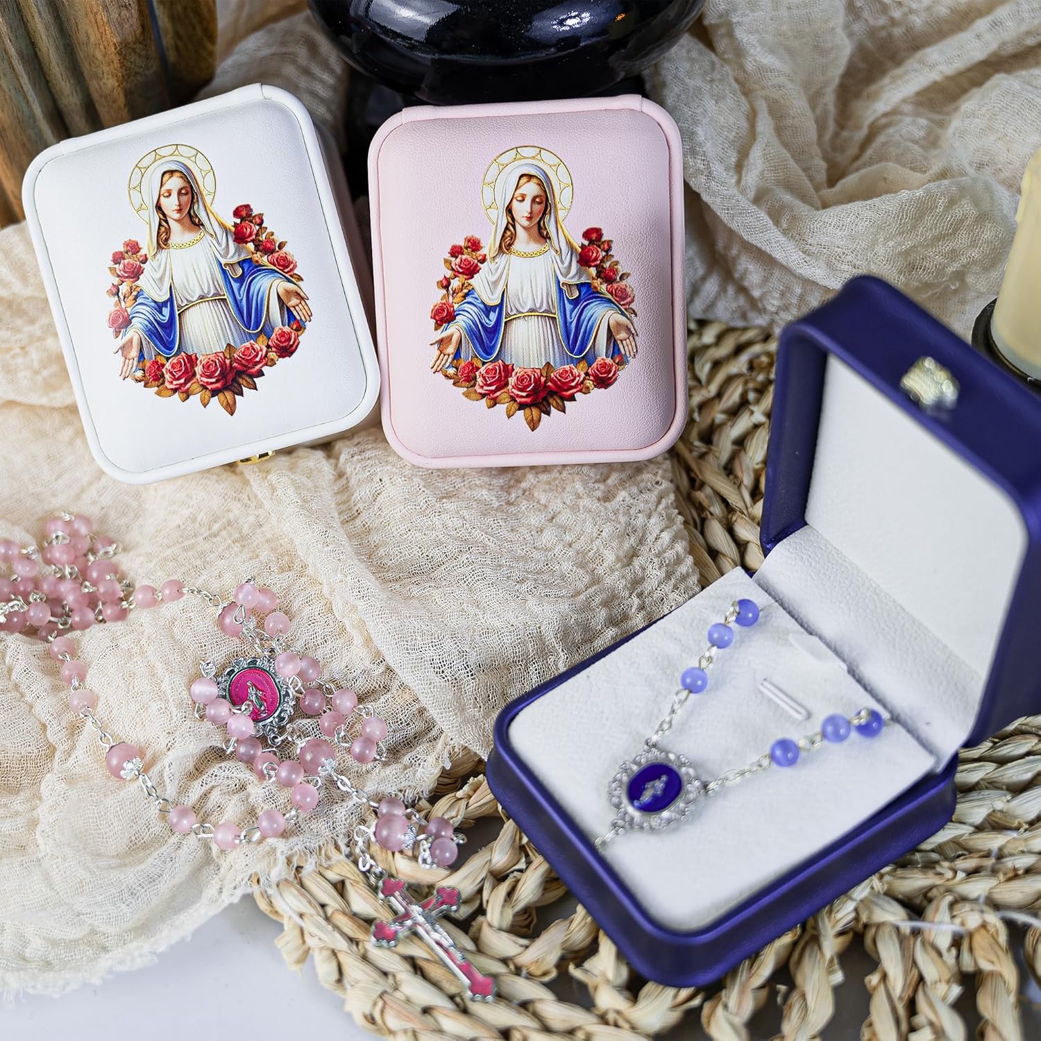Rosary Necklace for Women - Cat's Eye Beads with Virgin Mary Medal & PU Leather Gift Box, Catholic Miraculous Medal Rosary - Image 6