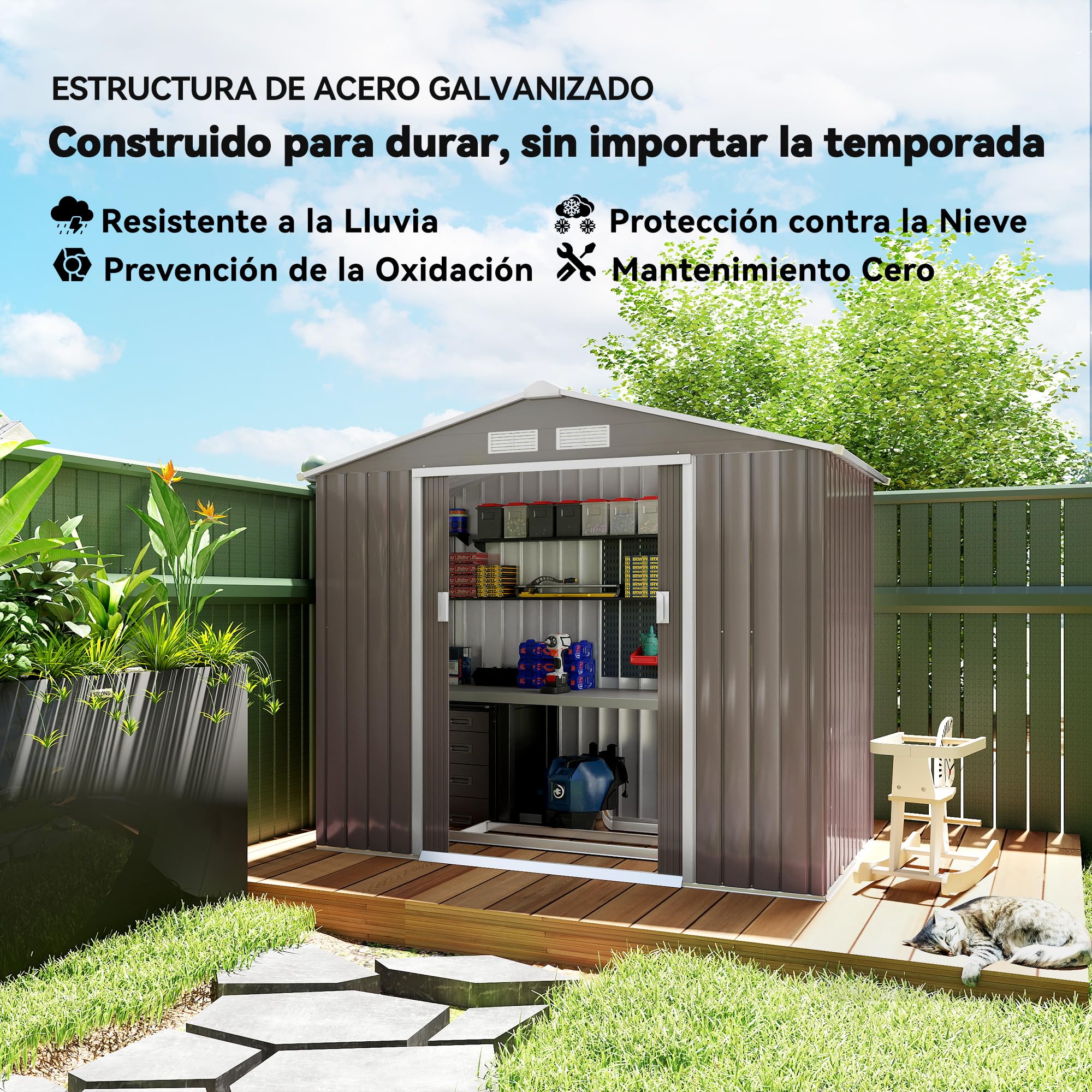Outsunny Caseta de Jardín Exterior, 2,5 m² 213x130x185 cm, Cobertizo de Jardín Exterior Metálico con 2 Puertas Correderas, Base Refuerzo (Suelo NO Incluido) y 4 Ventanas, Gris — view 3