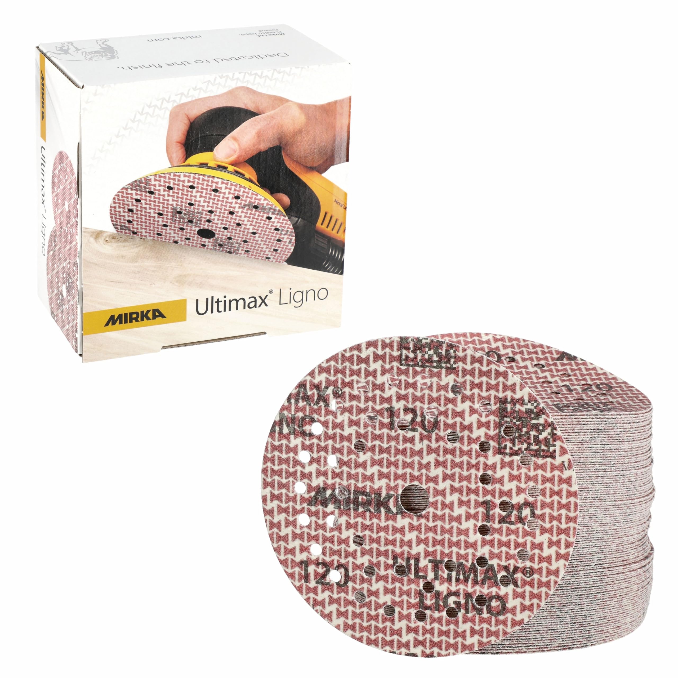 Mirka abrasive sheets Ultimax Ligno 125 mm rzep Multifit | Tarcze szlifierskie Mirka Ultimax Ligno 125 mm z ziarnem 150 do drewna wielootworowe rzep Multifit 100 sztuk