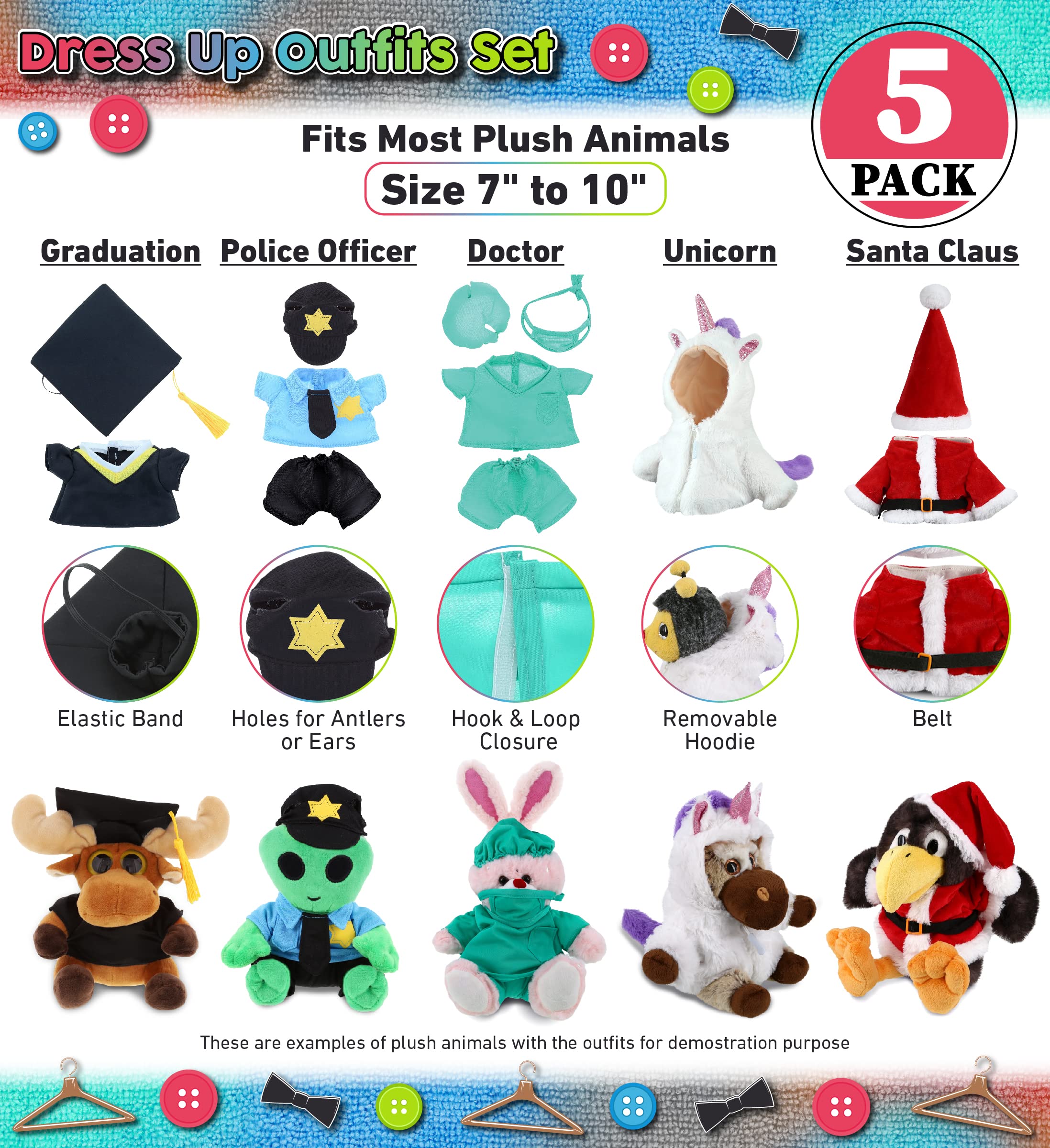 DolliBu Large Stuffed Animal Dress Up Set for Teddy Bear Toys - Costume Pack Has Unicorn, Santa Claus, Graduation Gown, Doctor Scrub Uniform, and Police Officer Clothes for Stuffed Animals - 5 Outfits