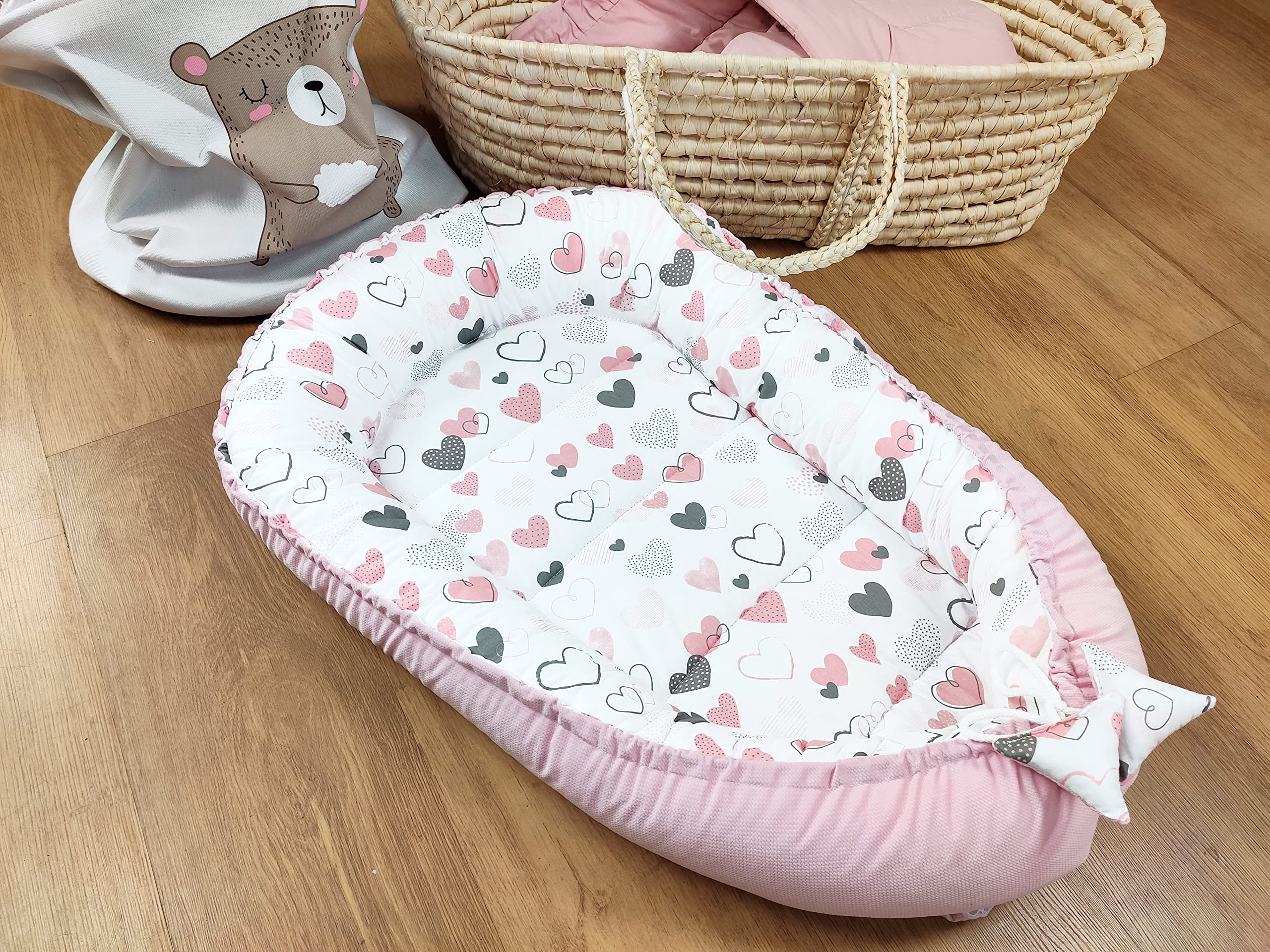 PIMKO Nido para bebé de 2 caras, con capullo, antialérgico, para recién nacidos, 90 x 55 cm, algodón y terciopelo (corazones rosas)