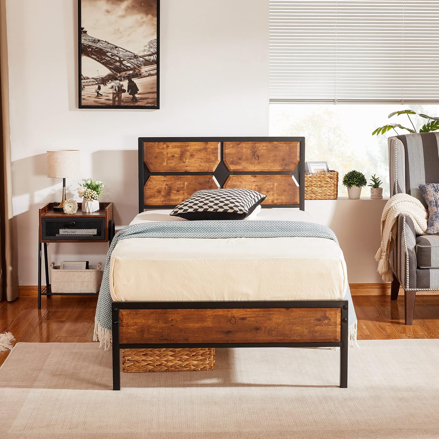 VECELO Twin Size Platform Bed Frame with Wood Headboard/Mattress Foundation/Premium Steel Slats Support/No Box Spring Needed,Grey Slate(Industrial)