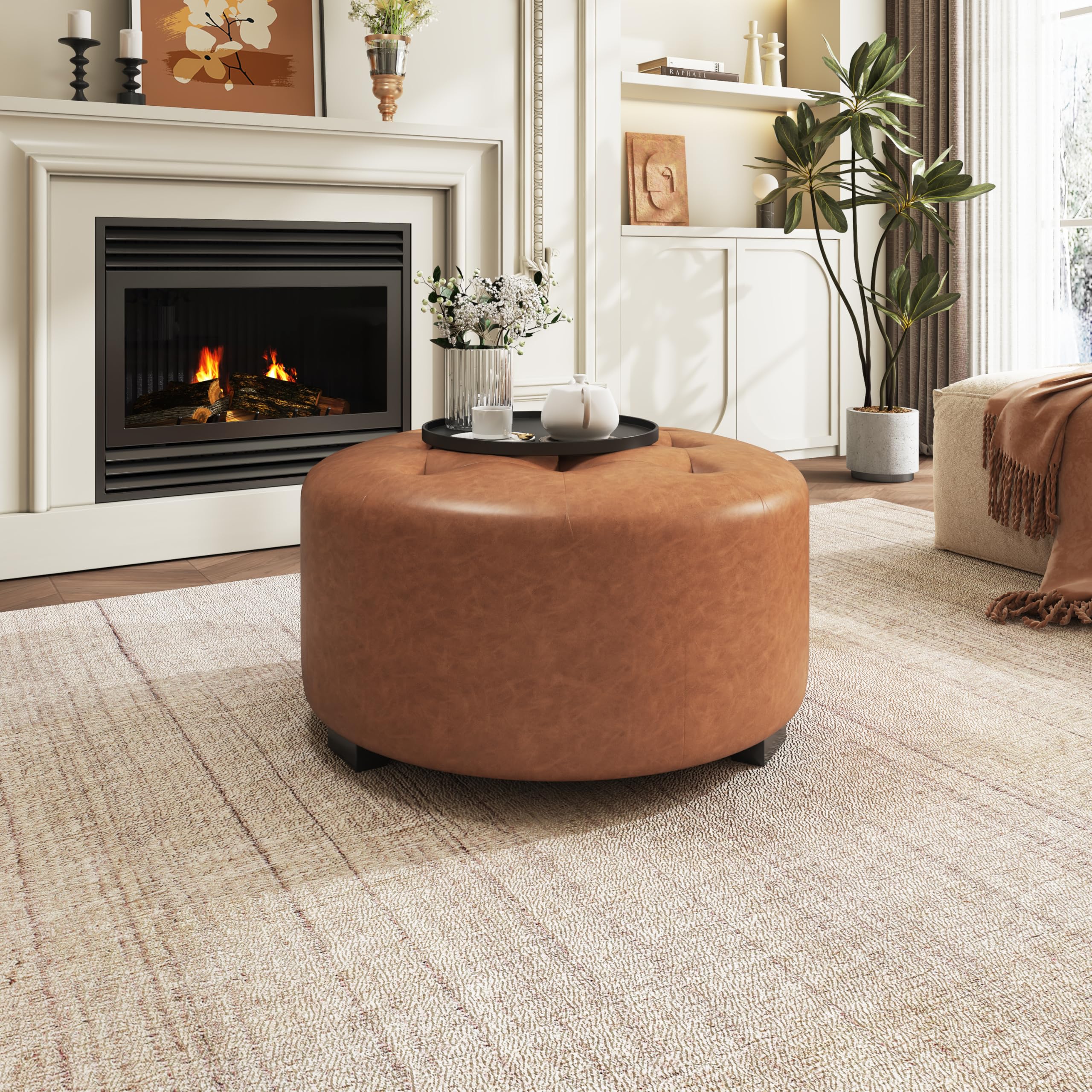 Christopher Knight Home York Faux Leather Upholstered Ottoman, Wooden Round Ottoman Coffee Table, Living Room PU Ottoman Foot Stool, Extra Seat Sofa