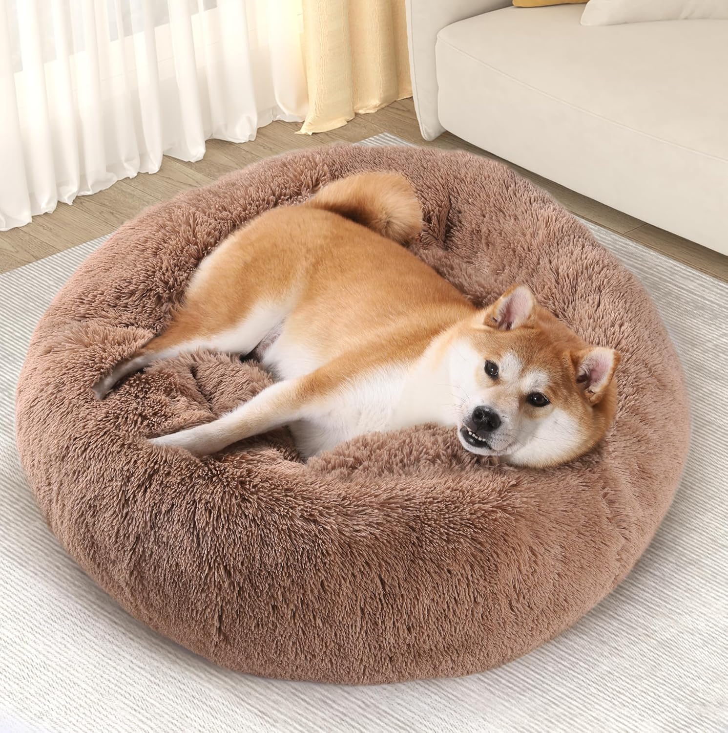 YITAHOME Calming Dog & Cat Bed, Anti-Anxiety Donut Warming Cozy Soft Round Bed, Fluffy Faux Fur Plush Cushion Pet Indoor Bed, Brown, 36 Inch, Fits up to 100 lbs Pets