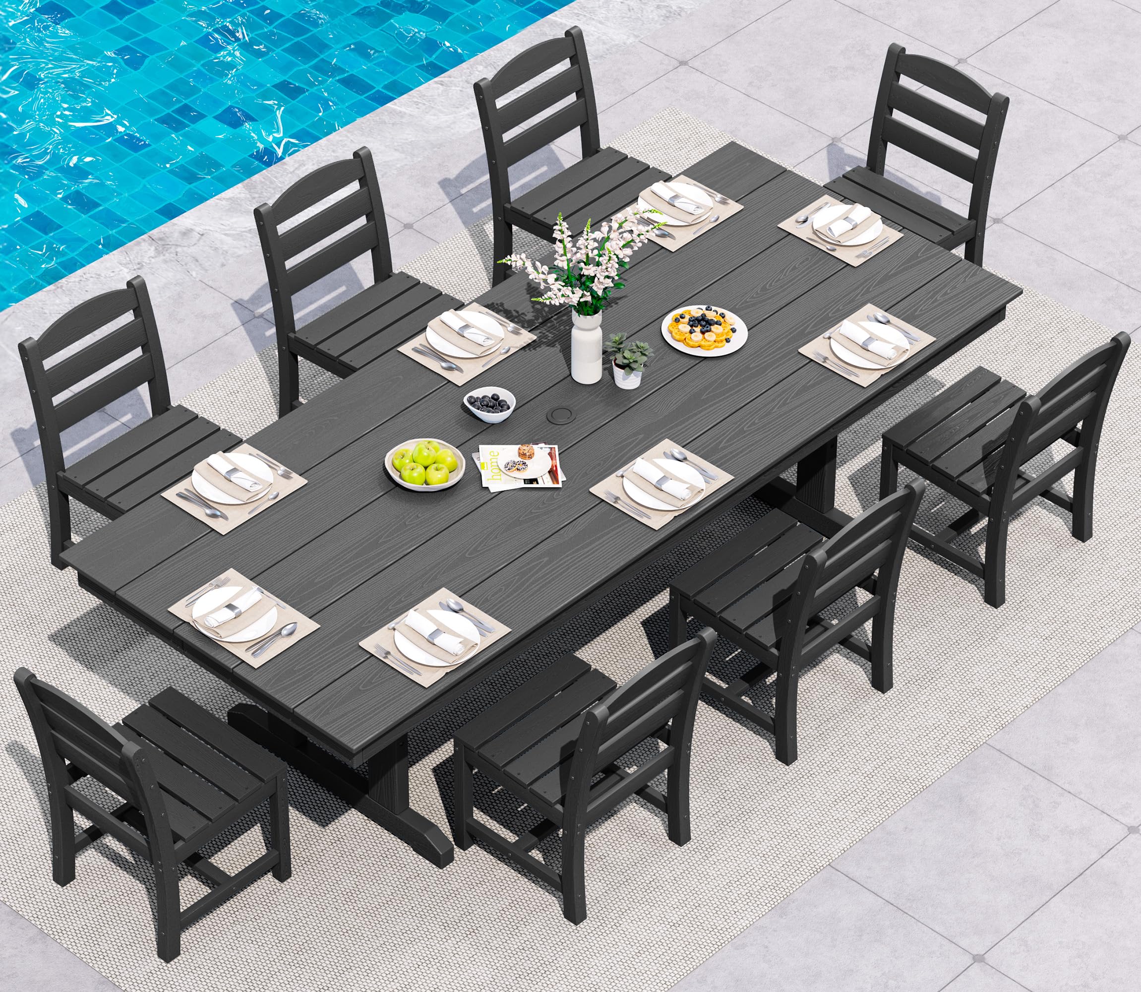 SERWALL 9Pcs 84" HDPE Outdoor Dining Set for 8 with Armless Chairs,Black