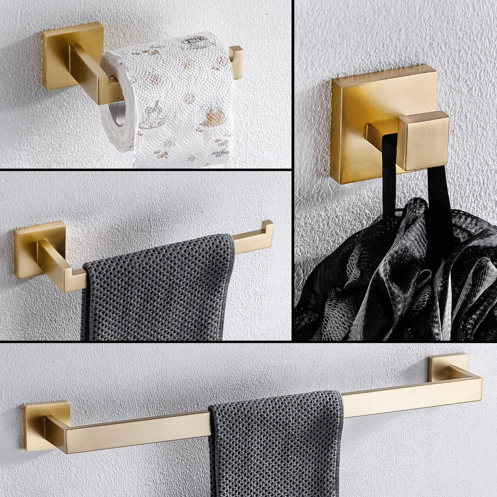 Conjunto Toalleros de Baño, Toallero Acero Inoxidable Toallero Pared Oro Cepillado Conjunto Accesorios Baño Soporte Toallas Baño Antióxido Toallero Ducha, Fácil de Instalar