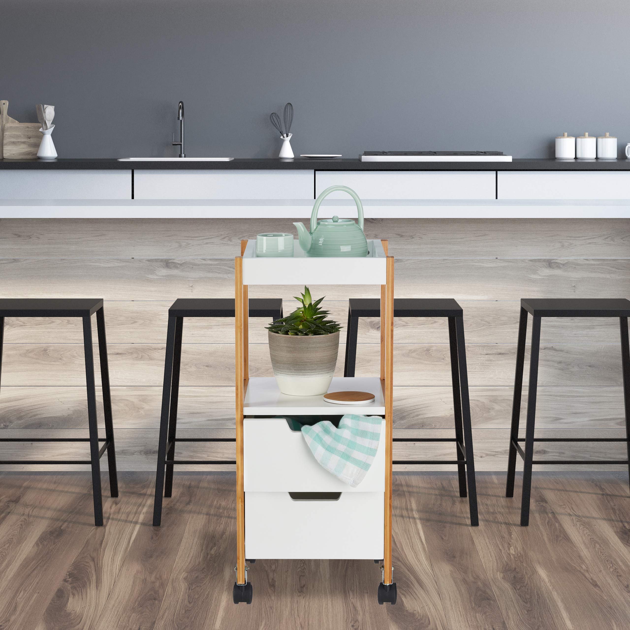 Relaxdays Carrito Cocina con Cajones, DM y Bambú, Blanco, 69 x 30 x 30 cm