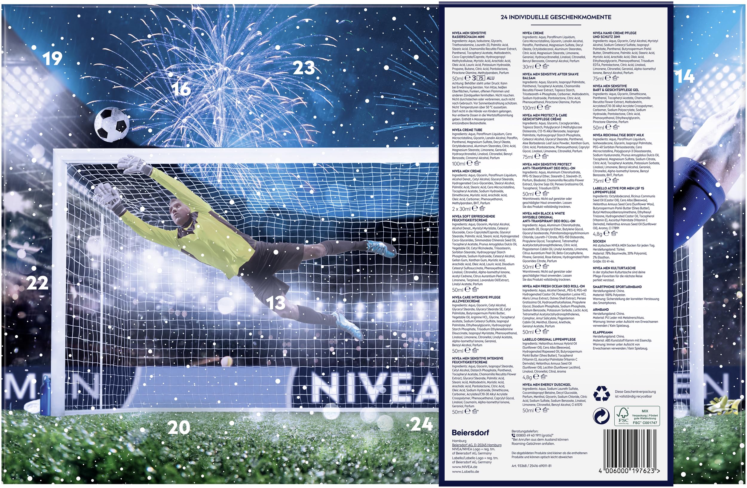NIVEA MEN Adventskalender 2025-24 Türchen mit verwöhnenden Überraschungen, Weihnachtskalender mit Pflegeprodukten für die Adventszeit, NIVEA MEN, NIVEA und Labello Produkte