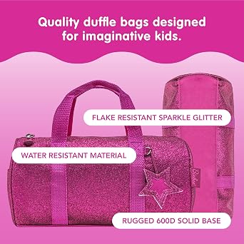 Bixbee Kids Duffle Bag, Dance Bag & Travel Bag for Sports, Gymnastics and Ballet with Adjustable Strap, Zippers, Pockets, and Flake-Resistant Glitter - Overnight Bag in Ruby Raspberry.
