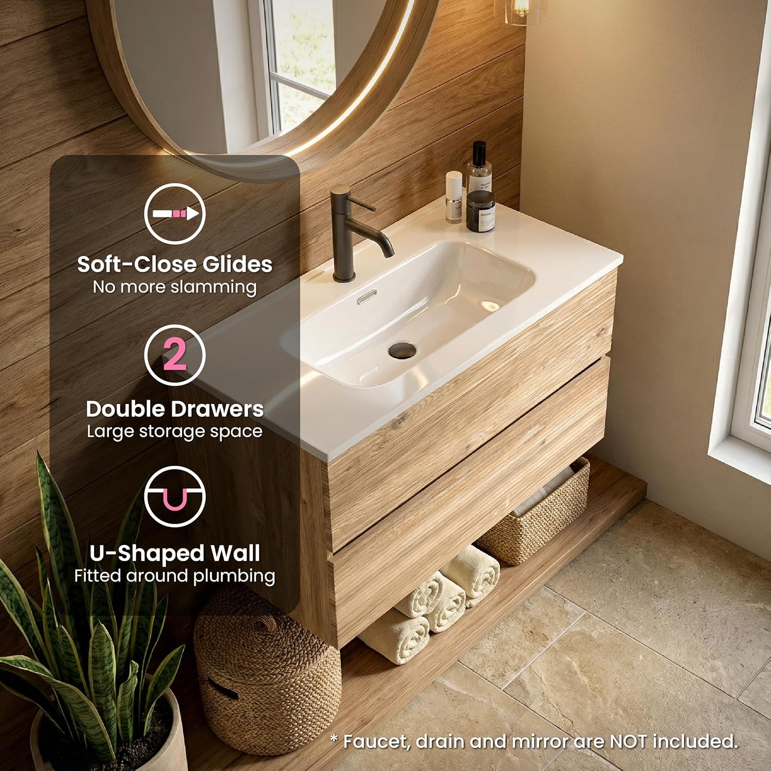 36″ Floating Bathroom Vanity with Sink, Rough Oak Modern Bathroom Cabinet with Soft Close & Large Storage Drawers, for Bath, Apartment, Hotel - Gloria Collection