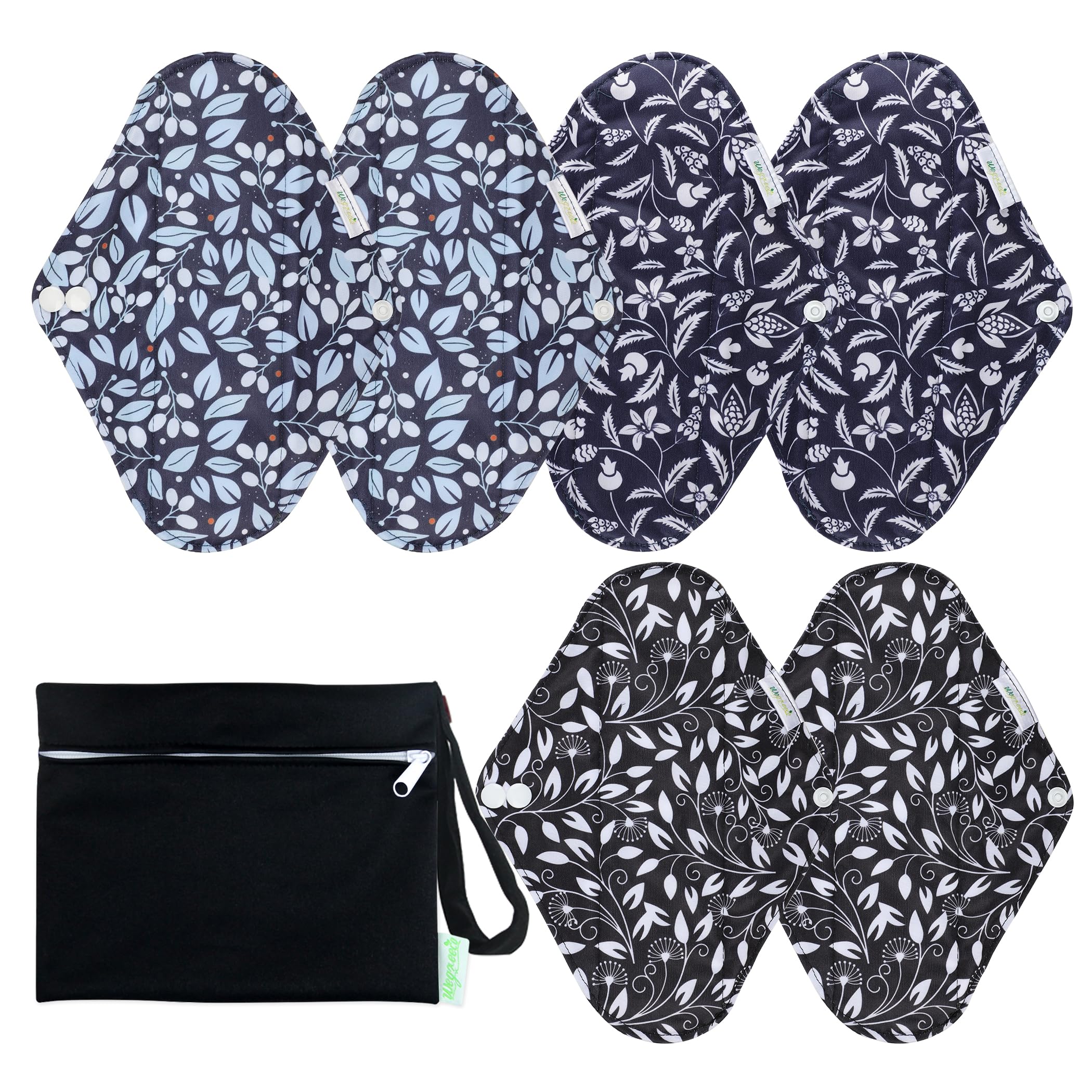 wegreeco Charcoal Reusable Menstrual Pads - Reusable Sanitary Pads | Reusable Panty Liners | Soft Cloth Menstrual - 6 Pack with 1 Cloth Mini Wet Bag (Large, Leaves 02)