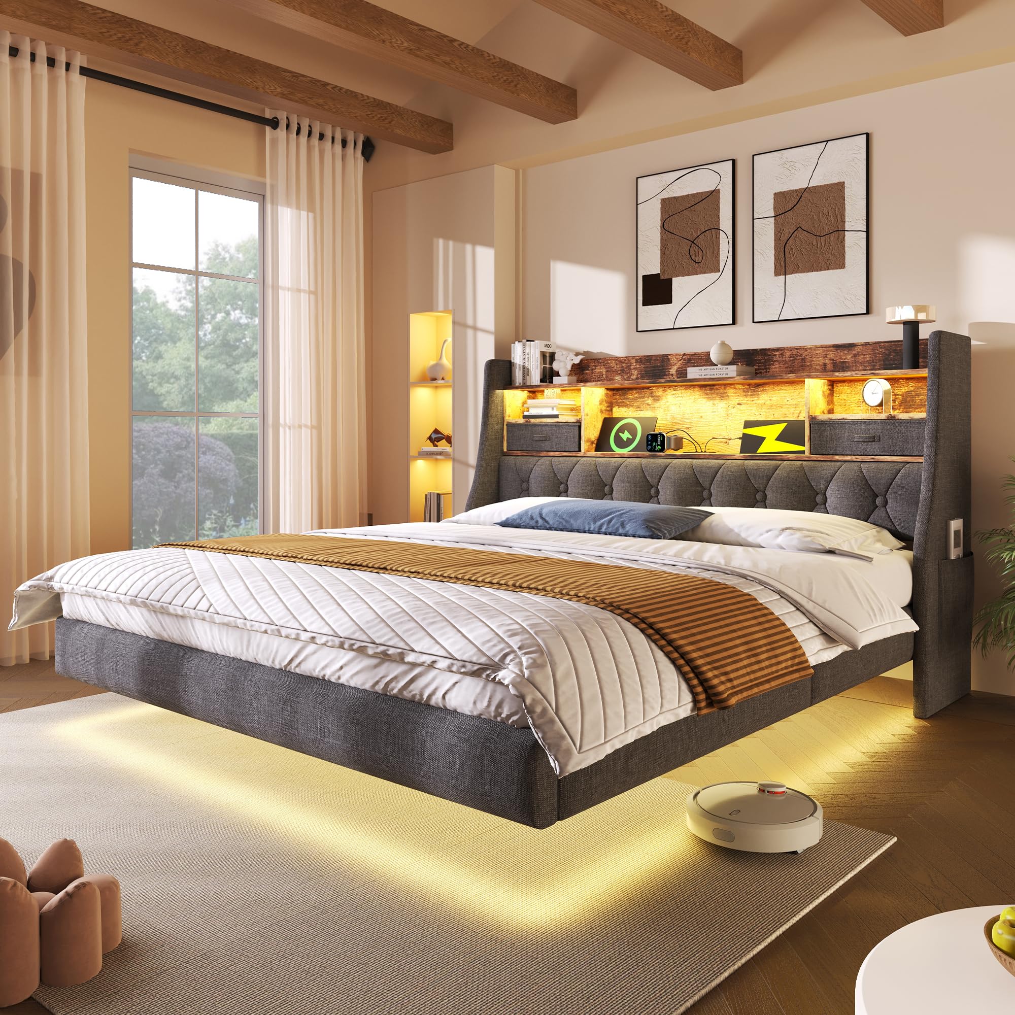 Lit Double 180x200 Cm Avec Rangement - Tête De Lit Velours Avec LED, Prise Et USB - Sommier Relevable Hydraulique - Couleur Beige - 8