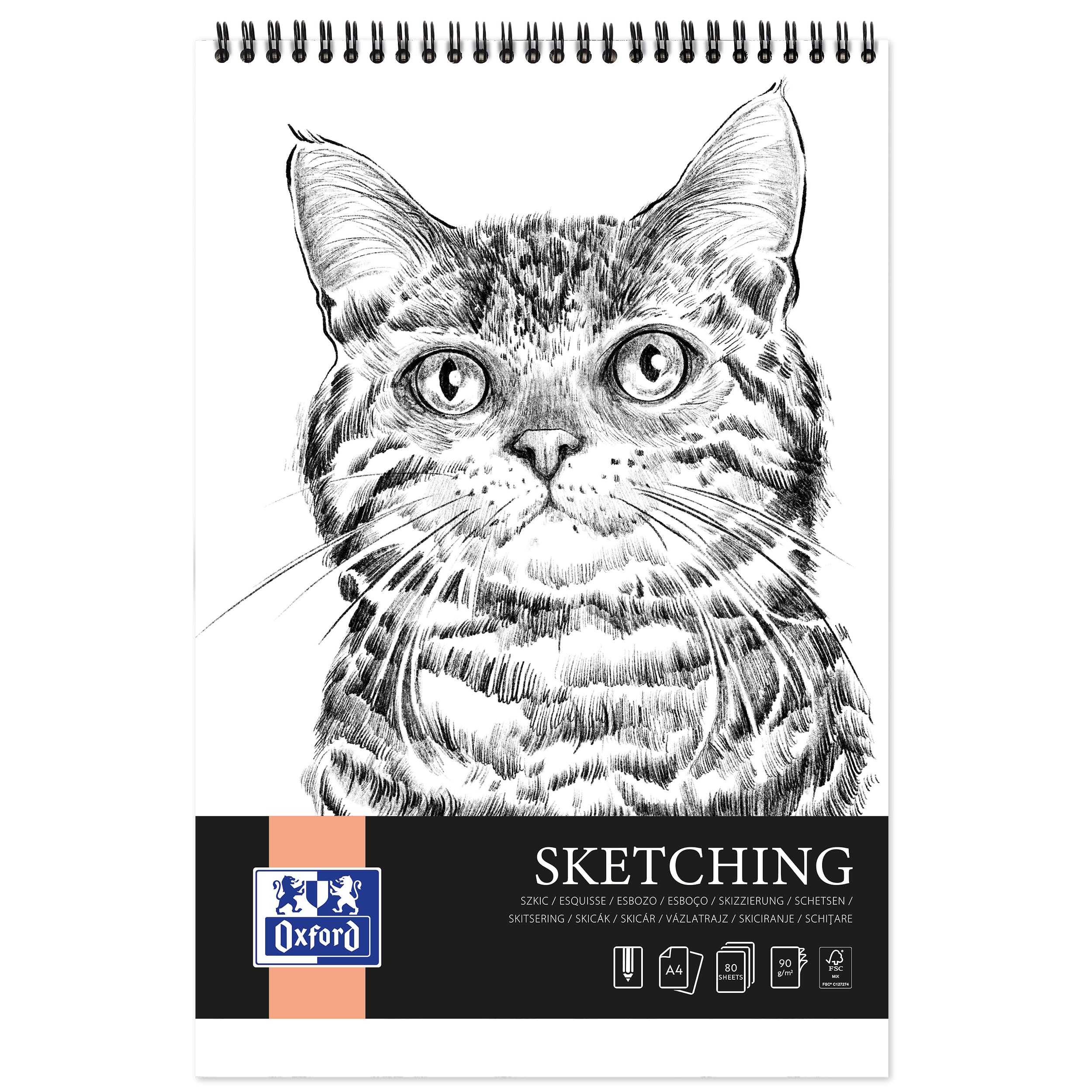 Oxford Artistic Sketch Pad A4 Cat, 80 Sheets, Drawing Pad with Spiral, Sketchbook, Art Pad, 90 g/m² Acid-Free Paper, Drawing Book with Sturdy Back Cardboard, Sketch Book for Drawing & Sketching