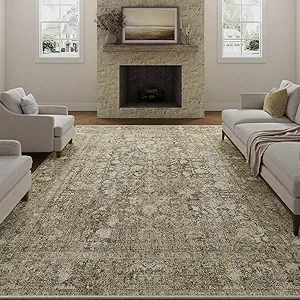 Brown Area Rug 9x12 Machine Washable Large Vintage Living Room Distressed Non Slip Carpet Traditional Indoor Bedroom Retro Floral Accent Throw Rug for Office Kitchen Dining Room