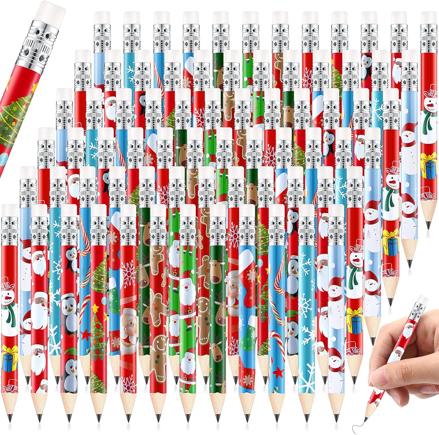 144 Pcs Christmas Pencils for Kids Wood Golf Presharped Pencils with Eraser Snowman Santa Claus Christmas Tree Snowflakes Candy Assortment Stationery Office School Classroom Xmas Party Favor Supplies