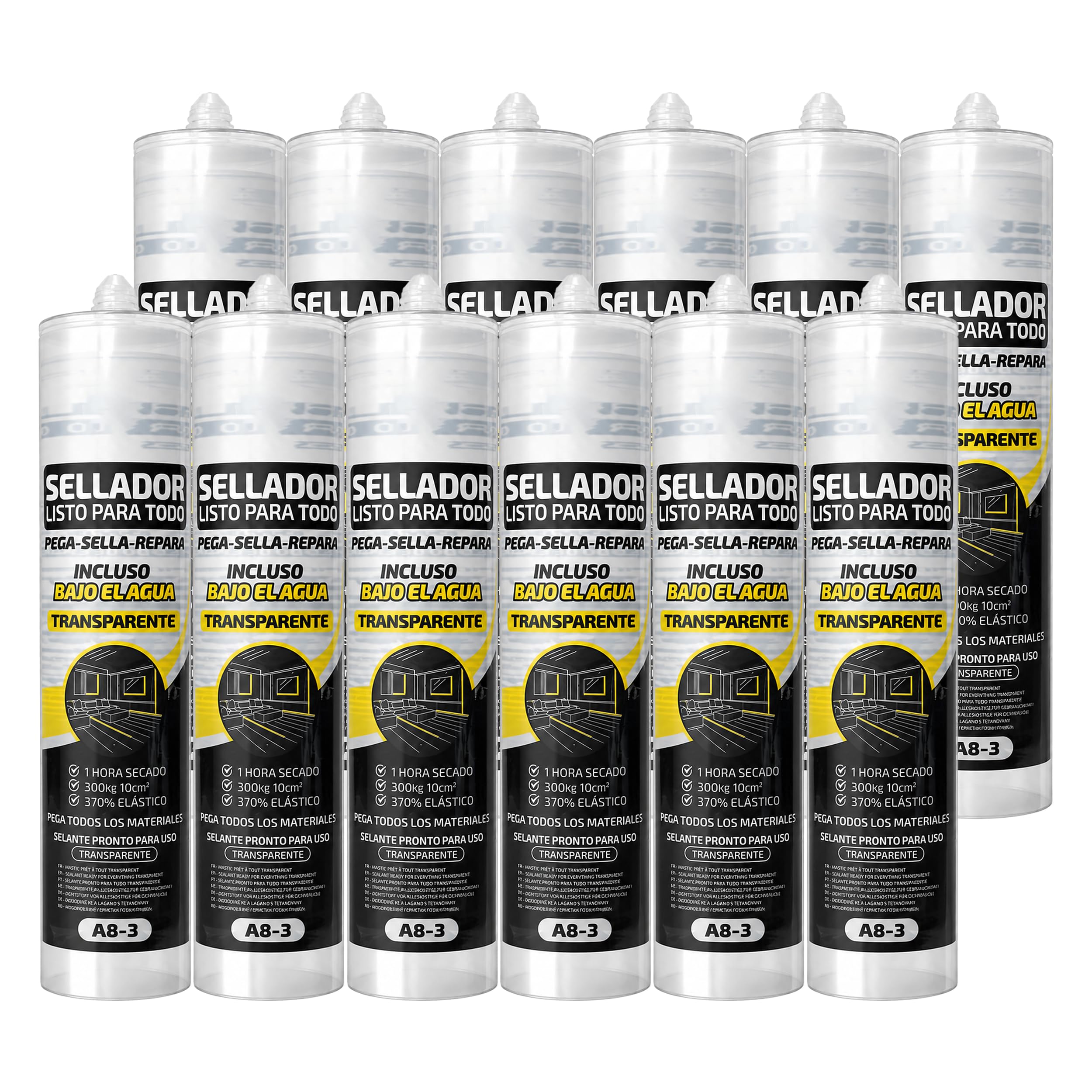 Sellador Multiusos Transparente 280 ml, Adhesivo Impermeable y Flexible para Juntas, Grietas y Reparaciones, Cerámica, Madera, Mármol y Cristal, Interior y Exterior, Pack de 12